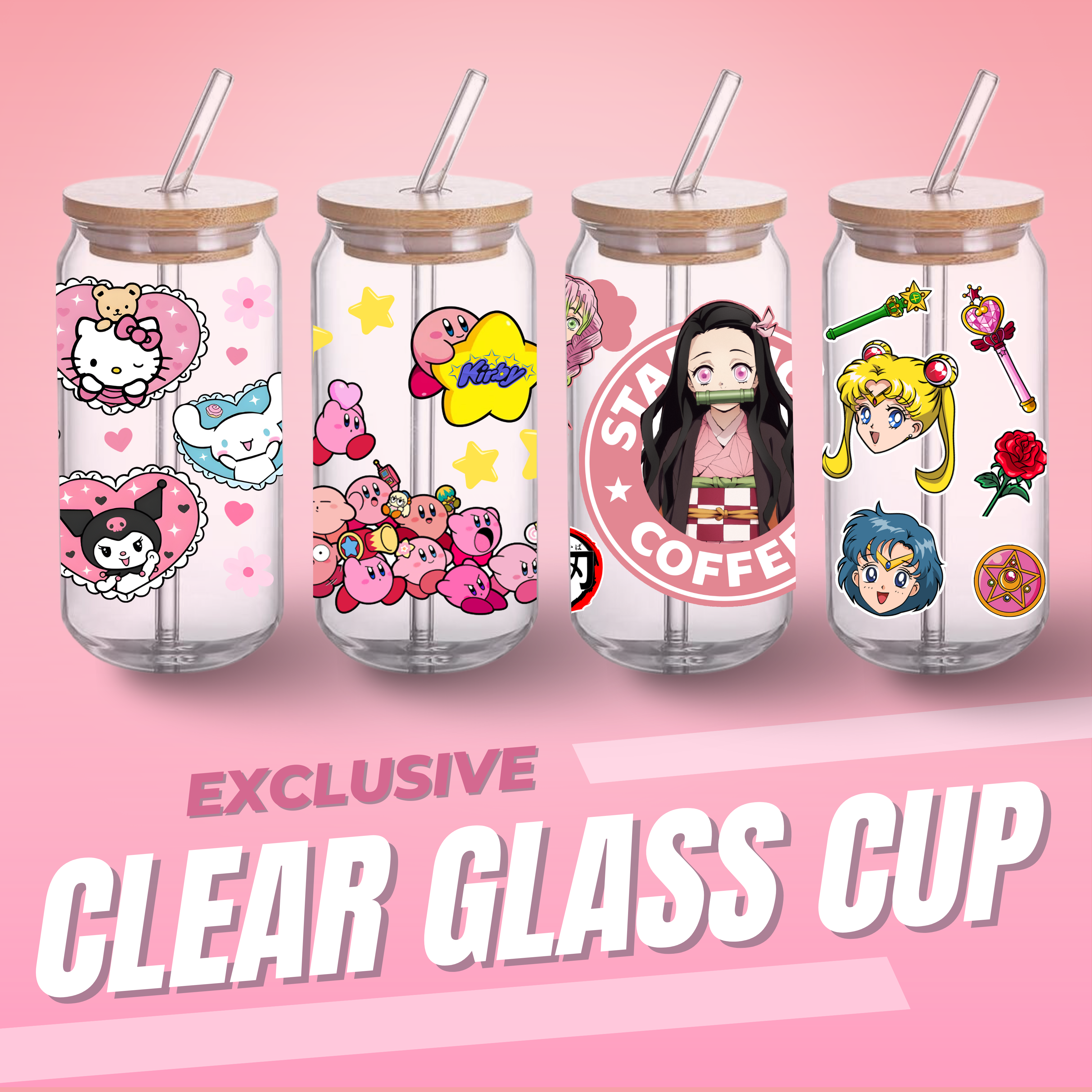 16oz Glass Tumbler / Anime / Manga / Kawaii / Cute / Glass Cup with Lid /  Reusable Straw