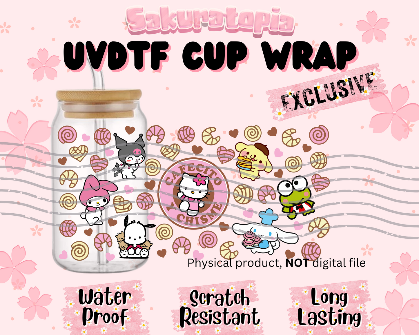 UVDTF Sanrio Anime Cup Wrap, Ready to Use Glass Cup UVDTF transfers for Glass Can | Ready to Apply UVDTF wraps for Libbey Glass