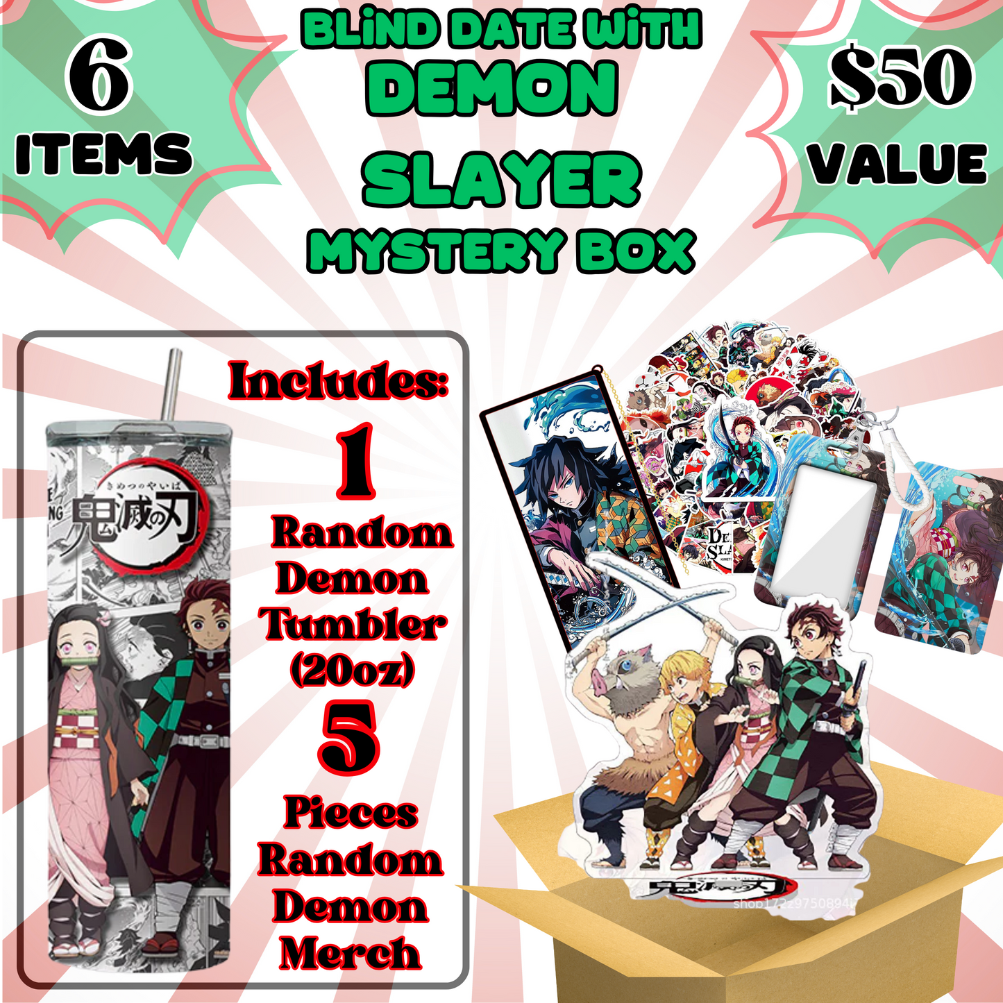 Blind Date with Demon Slayer Mystery Box – 20oz Tumbler + 5 Surprise Demon Slayer Items