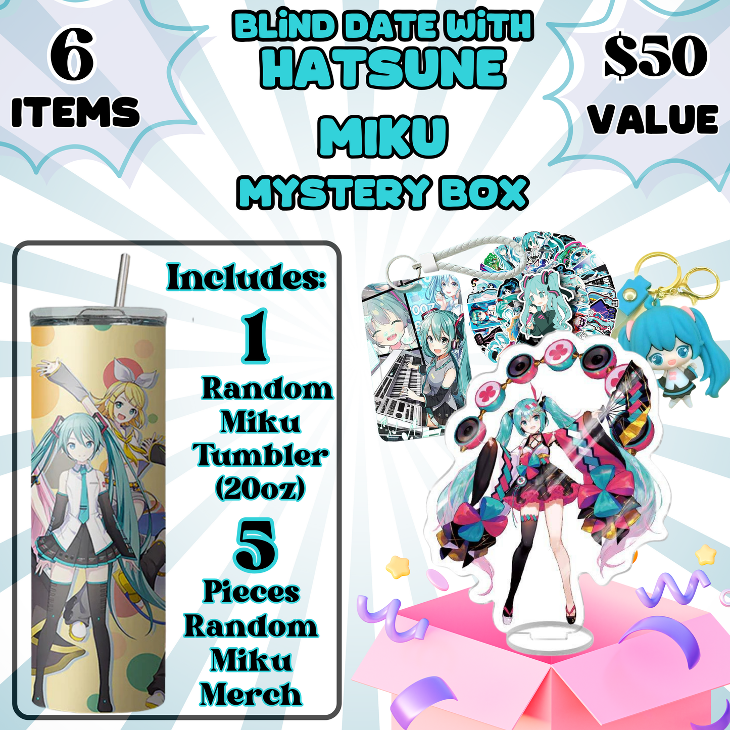 Blind Date with Miku Mystery Box โ 20oz Tumbler + 5 Surprise Miku Merch Items