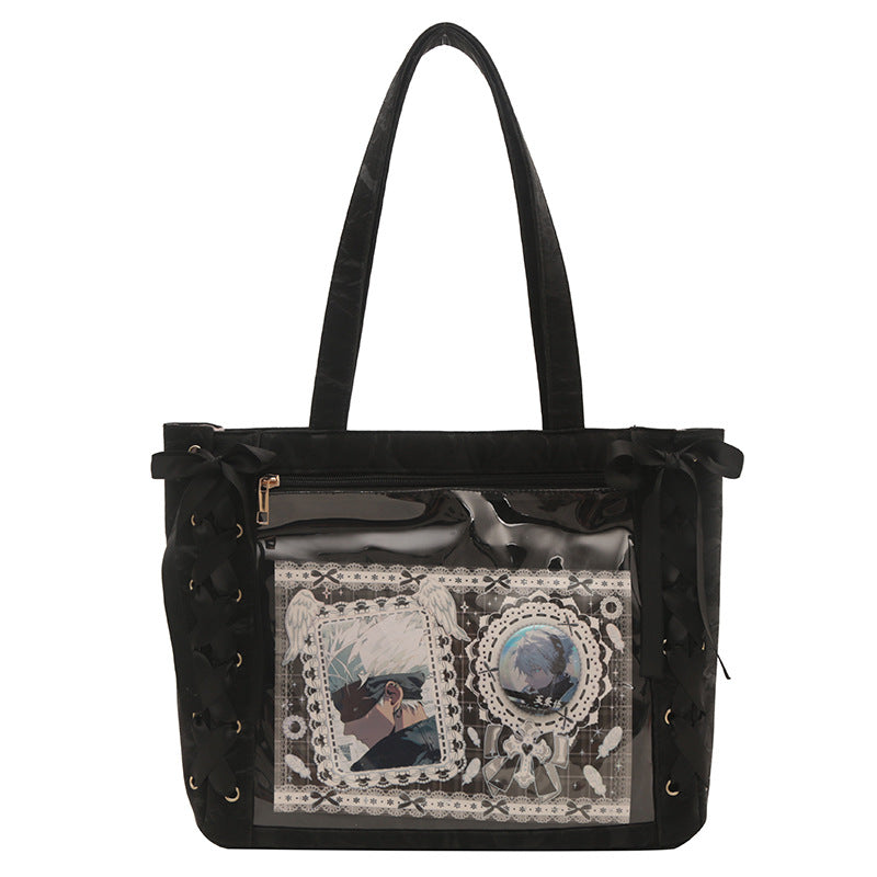Black & White Tote Bag Silk Ribbon Shoulder ITA Bags, Transparent Window Large Capacity Handbag Purse