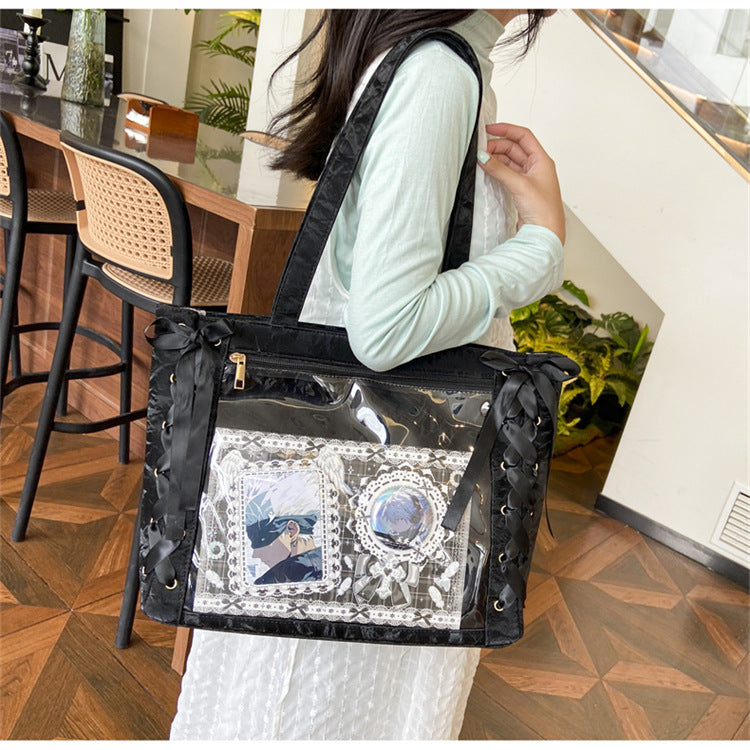 Black & White Tote Bag Silk Ribbon Shoulder ITA Bags, Transparent Window Large Capacity Handbag Purse