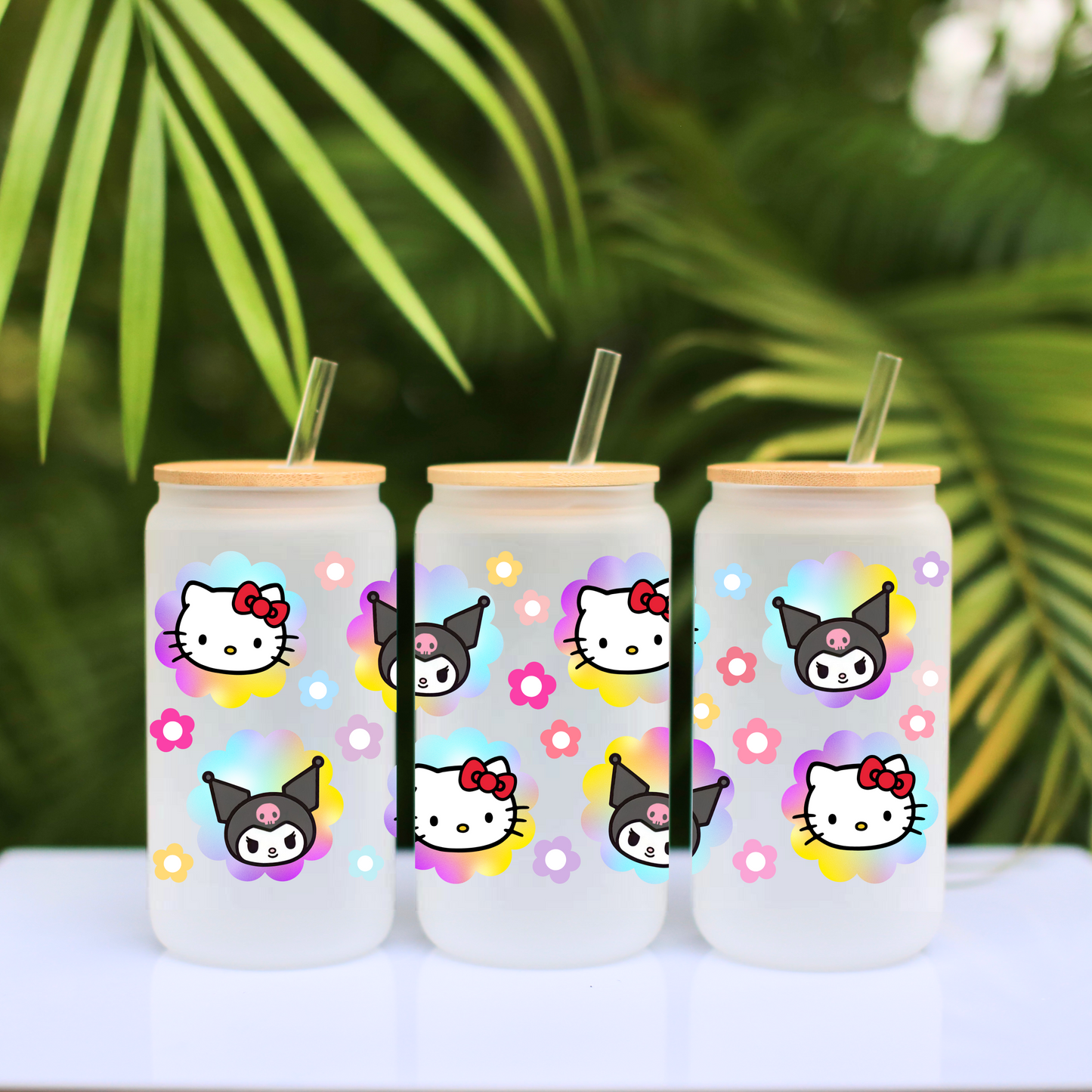Hello Kitty & Kuromi Rainbow Flower Anime 16oz Beer Can Glass with Straw and Lid