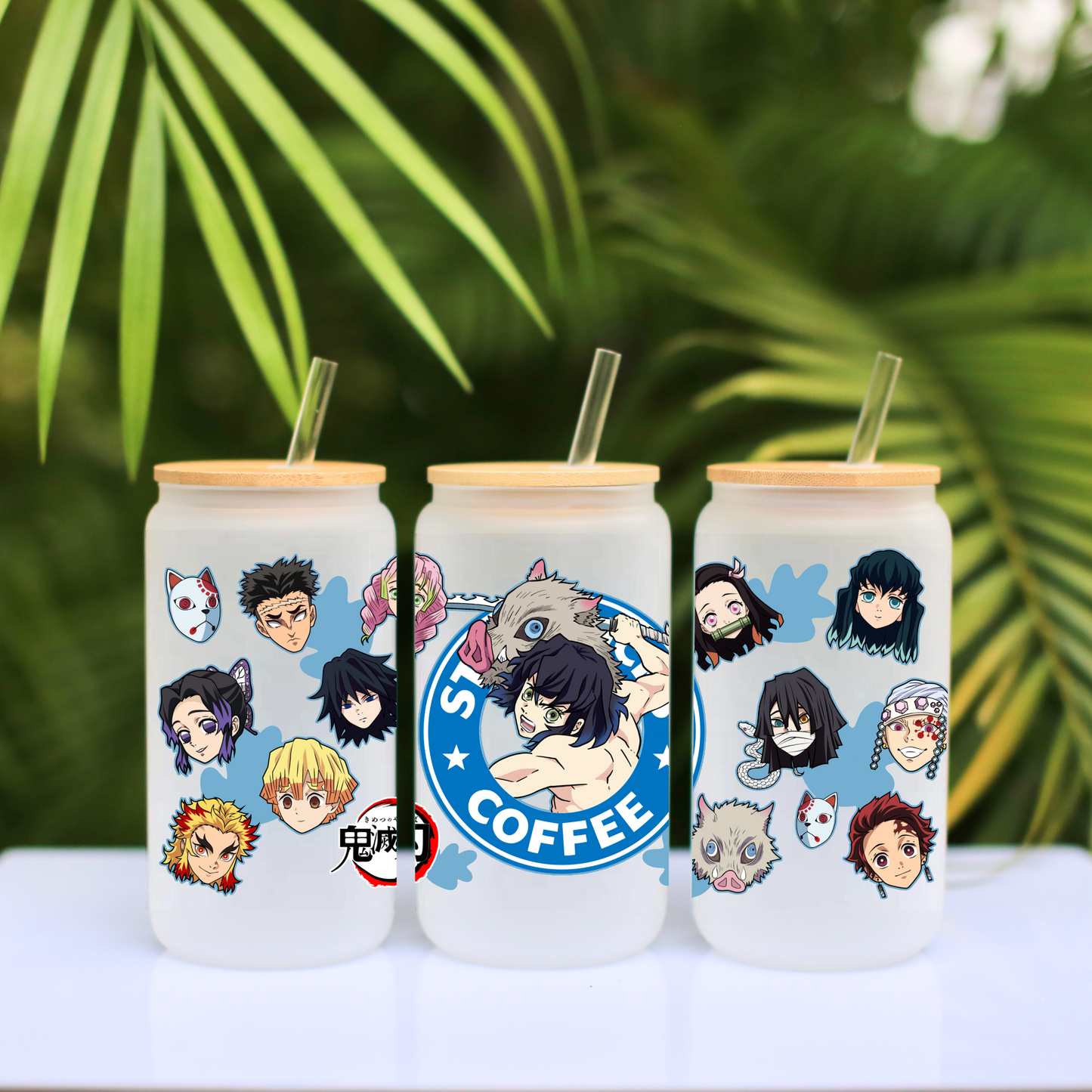 Demon Slayer-Inosuke Anime 16oz Beer Can Glass with Straw and Lid