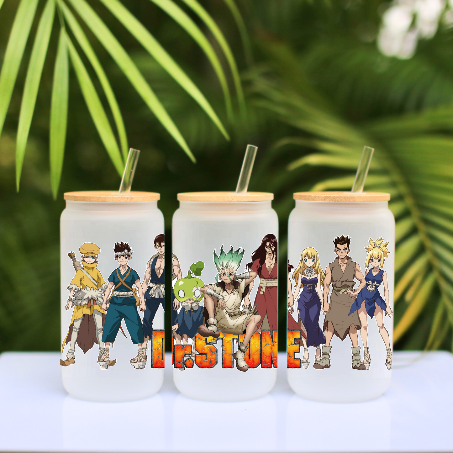 Dr. Stone Anime 16oz Beer Can Glass with Straw and Lid