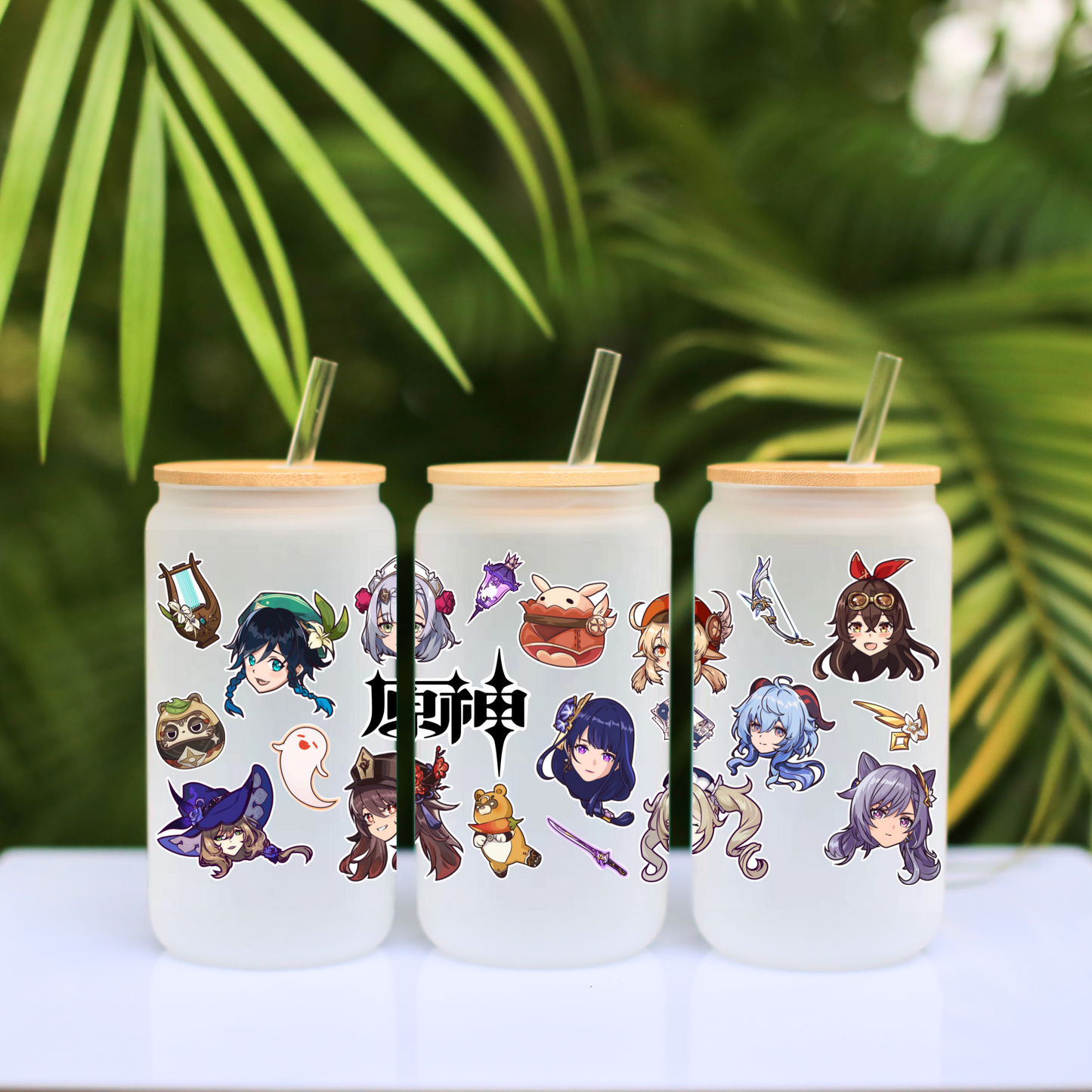 Genshin Impact Anime 16oz Beer Can Glass with Straw and Lid