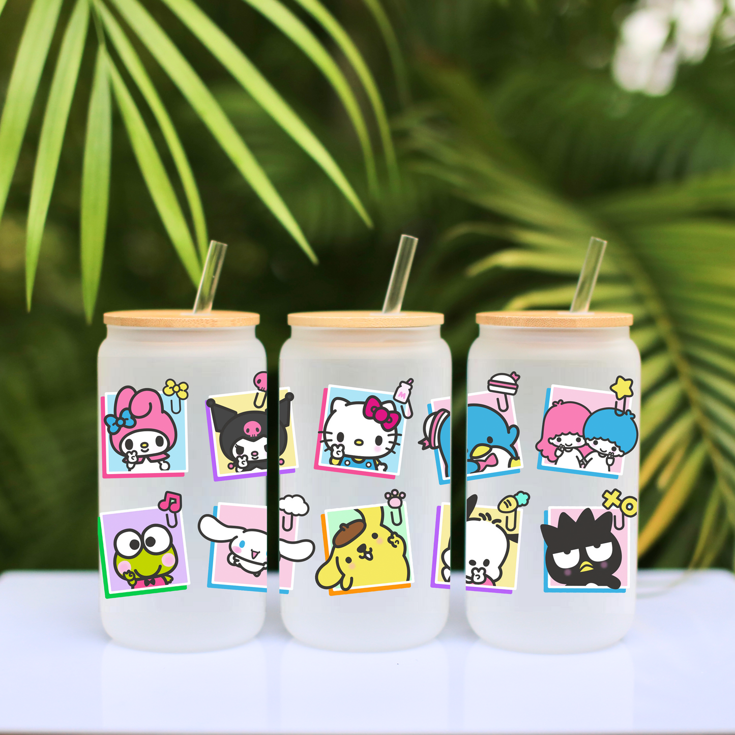 Sanrio Friendship Anime 16oz Beer Can Glass with Straw and Lid