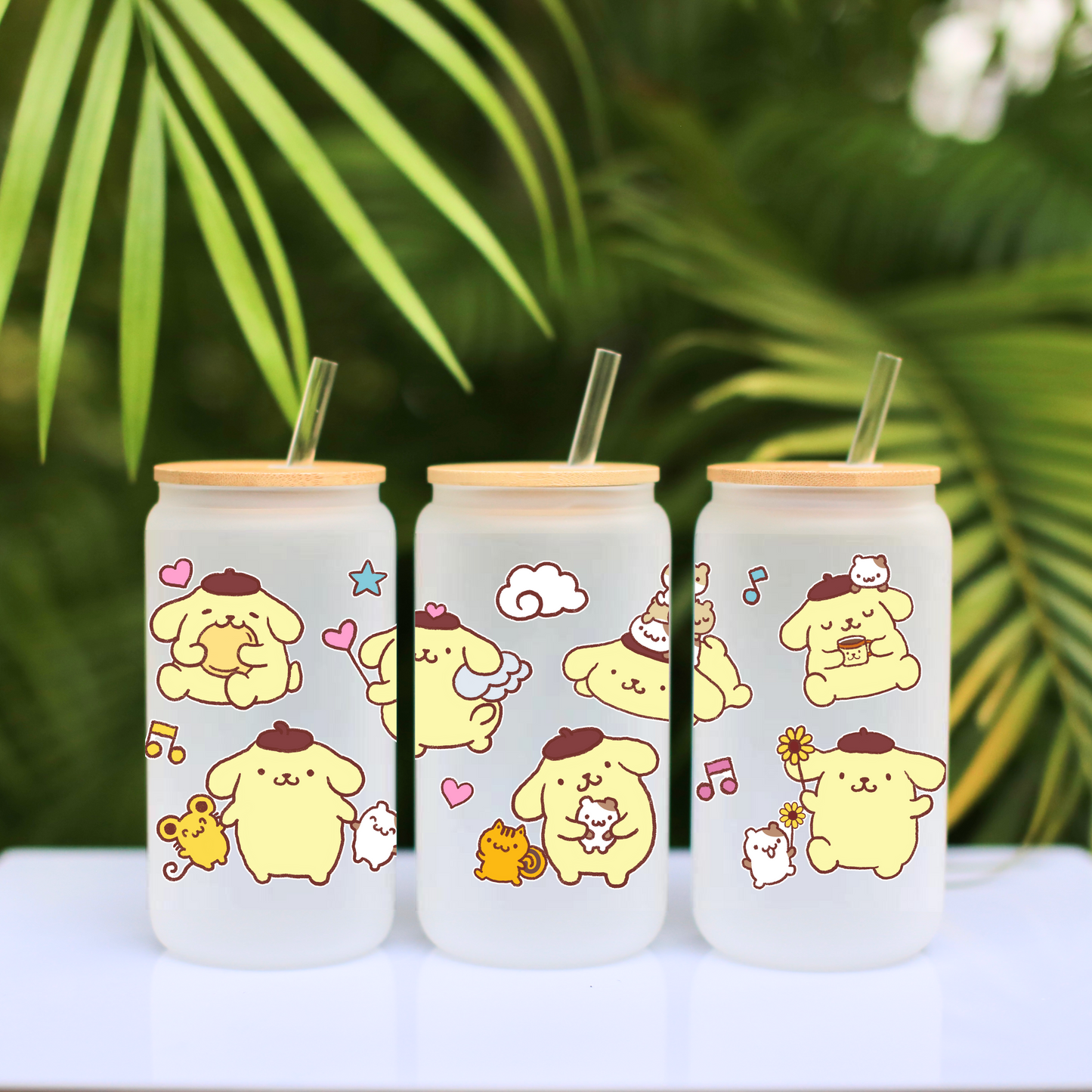 Pompompurin Anime 16oz Beer Can Glass with Straw and Lid