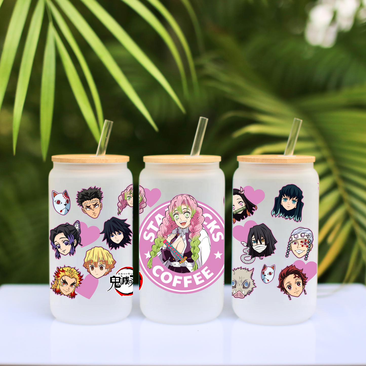 Demon Slayer- Mitsuri Kanroji Anime 16oz Beer Can Glass with Straw and Lid