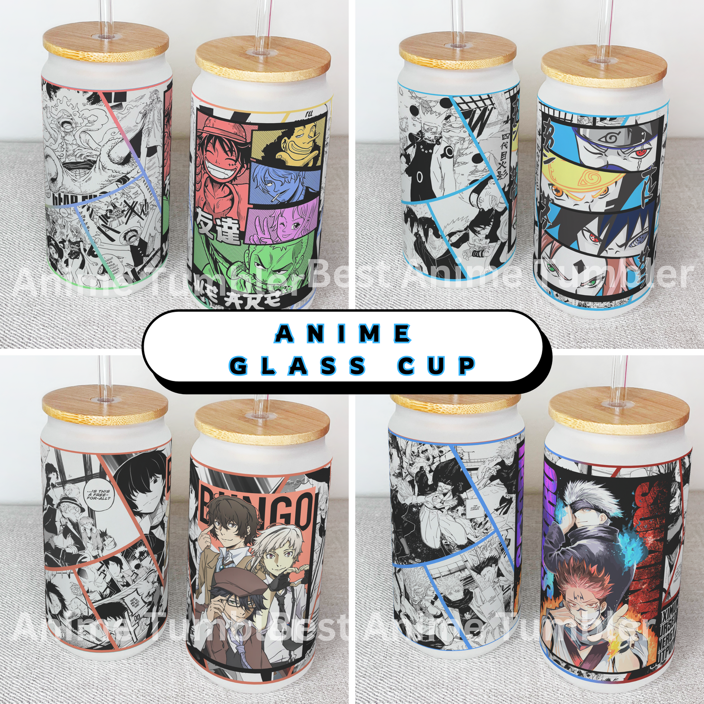 Anime Matte/ Frosted Glass cup 16oz Beer Can Glass with Straw and Lid