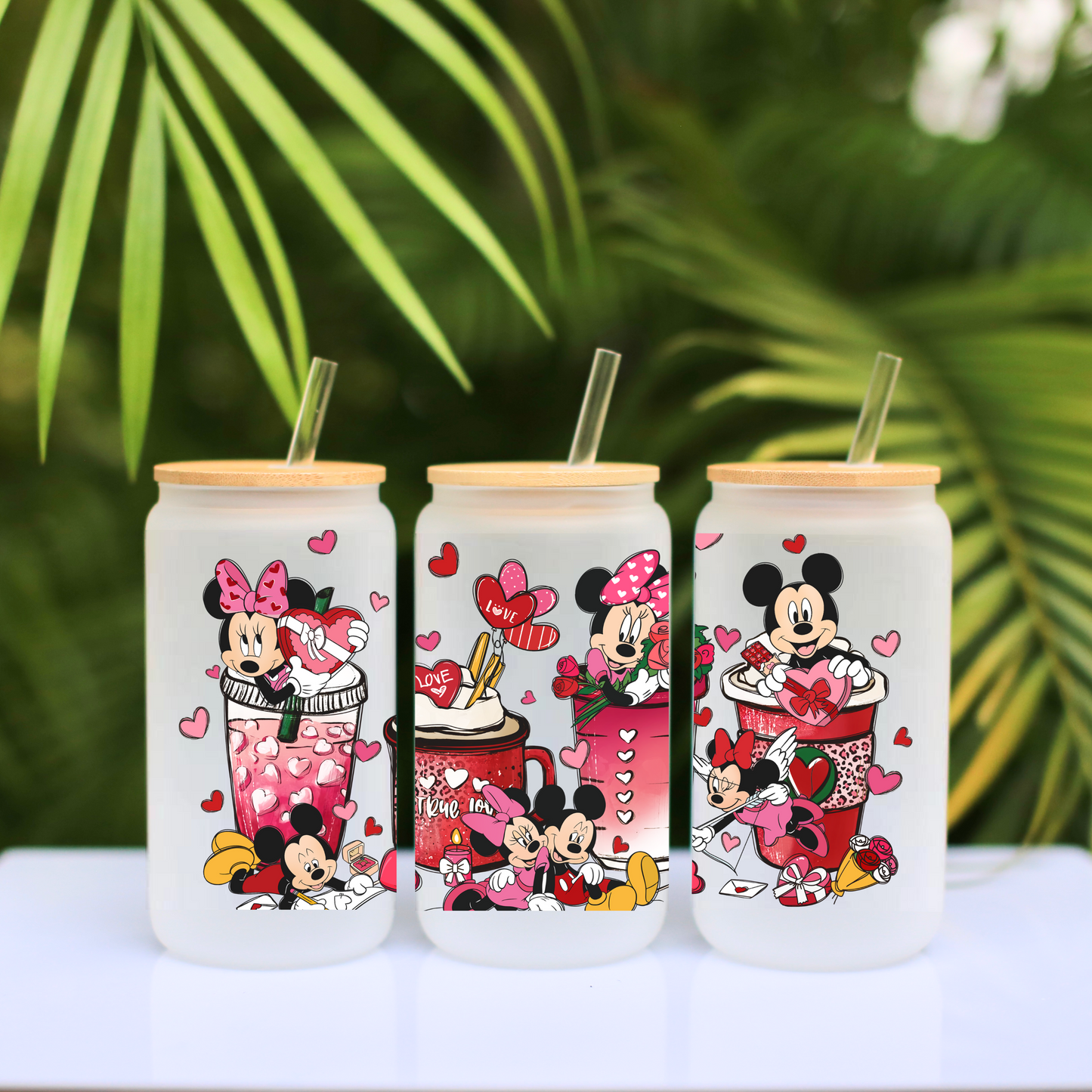 Disney Mickey and Minnie mouse Anime 16oz Beer Can Glass with Straw and Lid