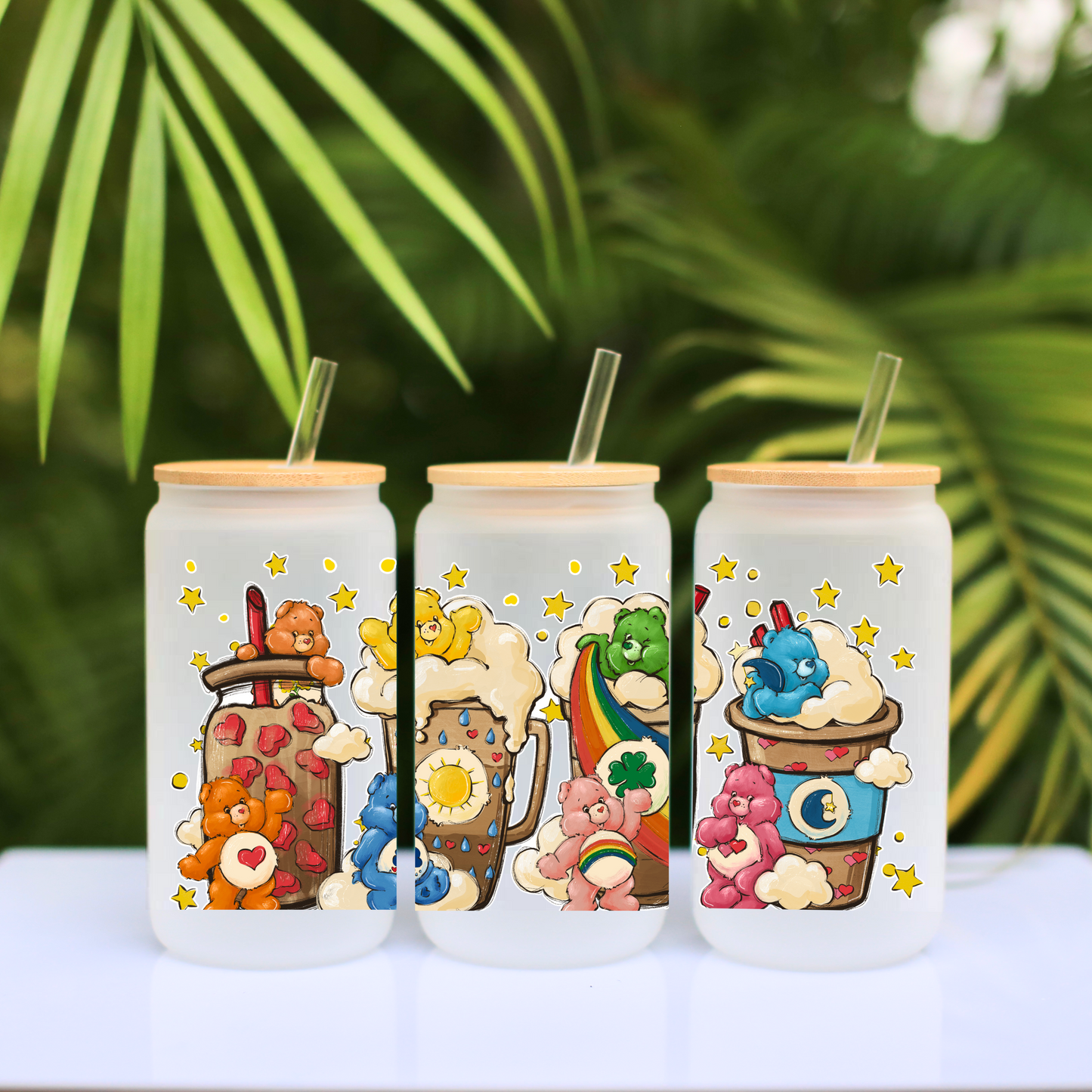Care Bear Stars Coffee cup Anime 16oz Beer Can Glass with Straw and Lid