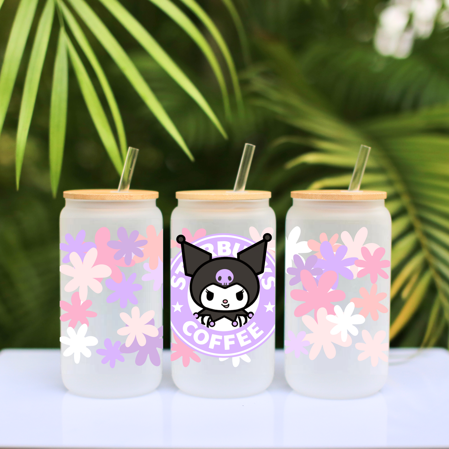 Kuromi with Flowers Anime 16oz Beer Can Glass with Straw and Lid