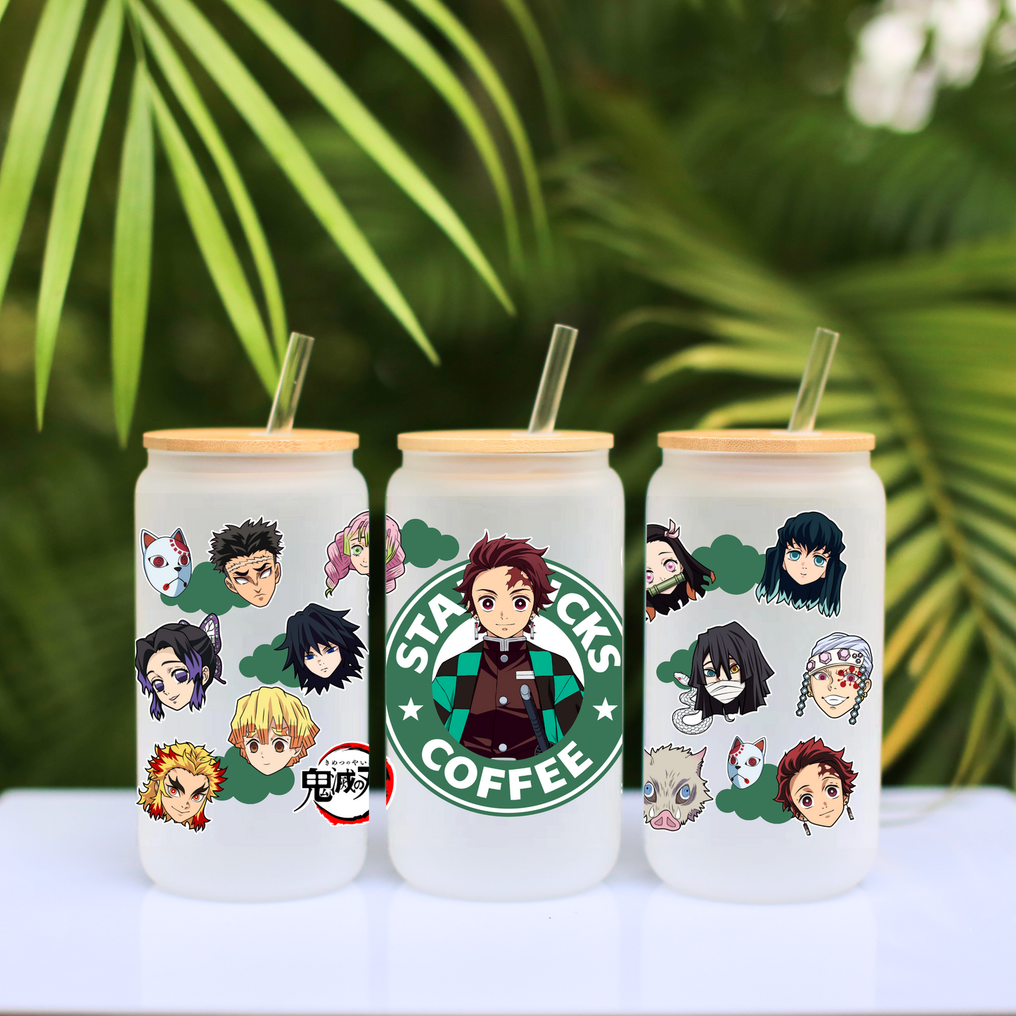 Demon Slayer- Tanjiro Kamado Anime 16oz Beer Can Glass with Straw and Lid