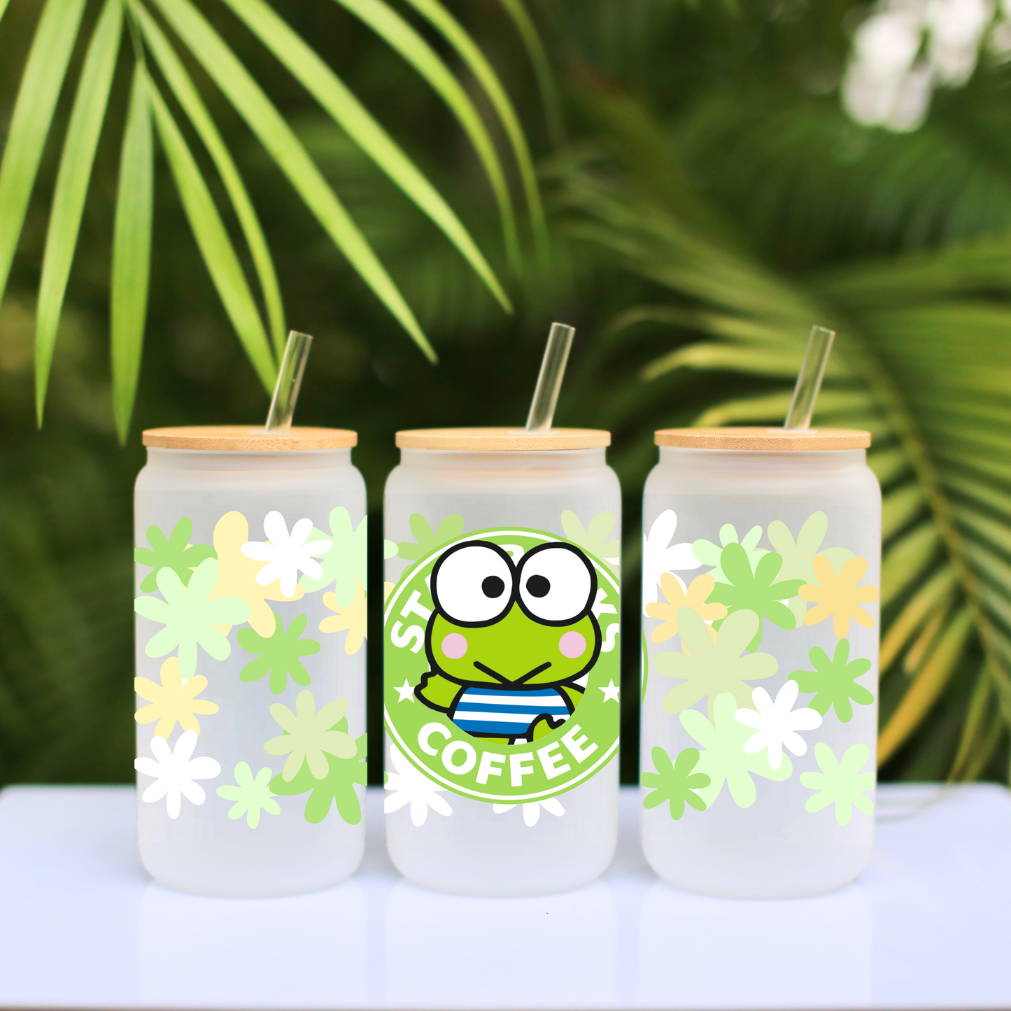 Keroppi with Flowers Anime 16oz Beer Can Glass with Straw and Lid