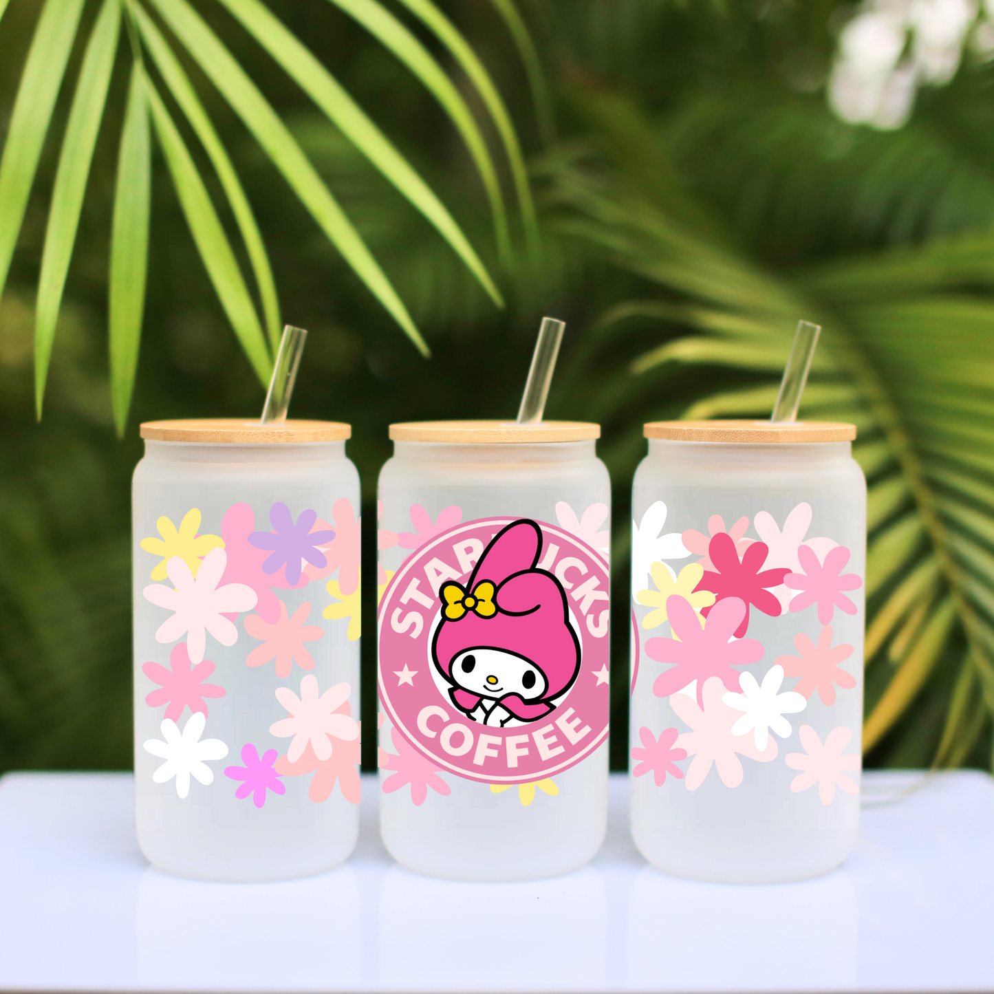 My Melody with Flowers Anime 16oz Beer Can Glass with Straw and Lid