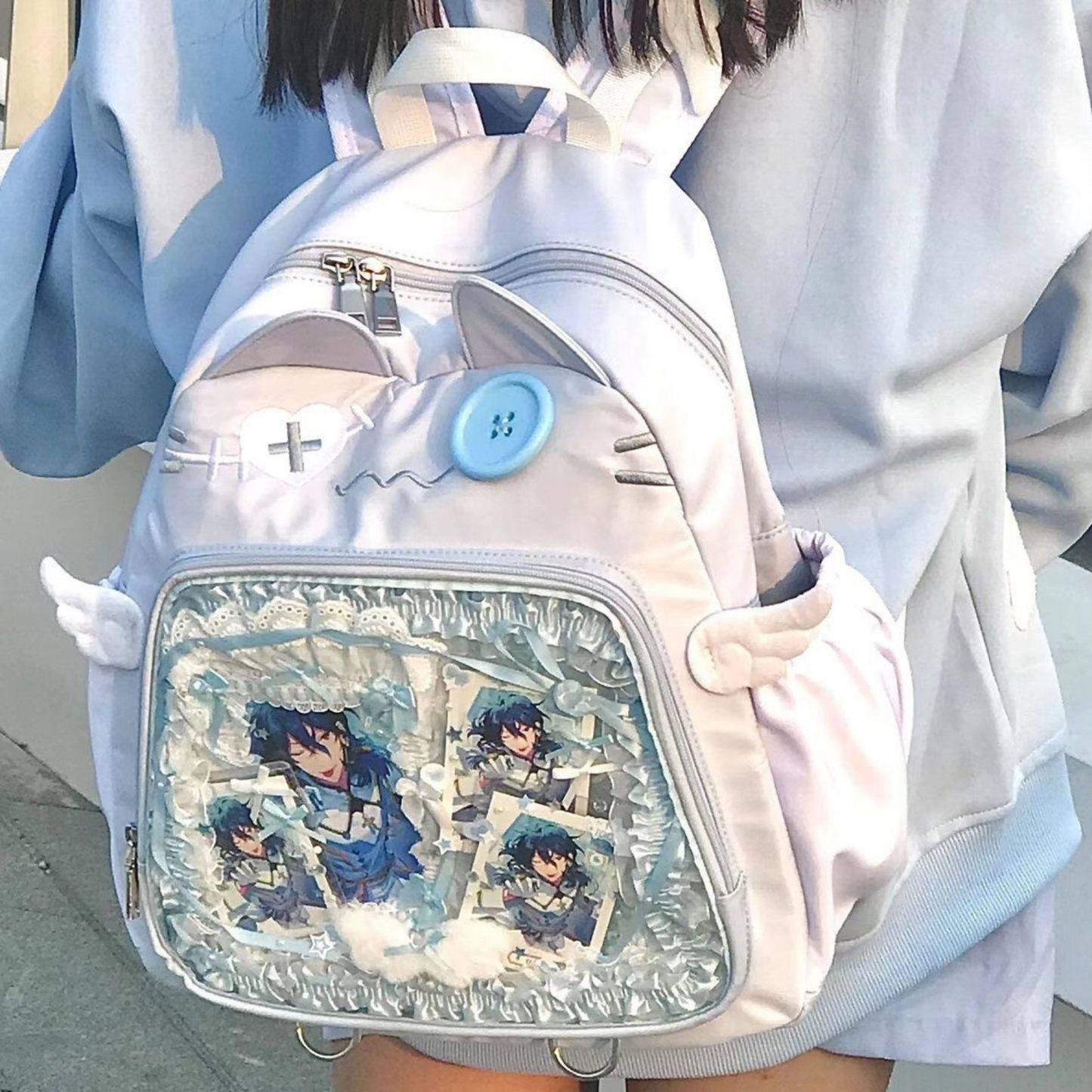 CatFace ita backpack, Kawaii ITA backpack, pin display bag, clear window ita bag, anime convention bag, kawaii ita bag, enamel pin bag
