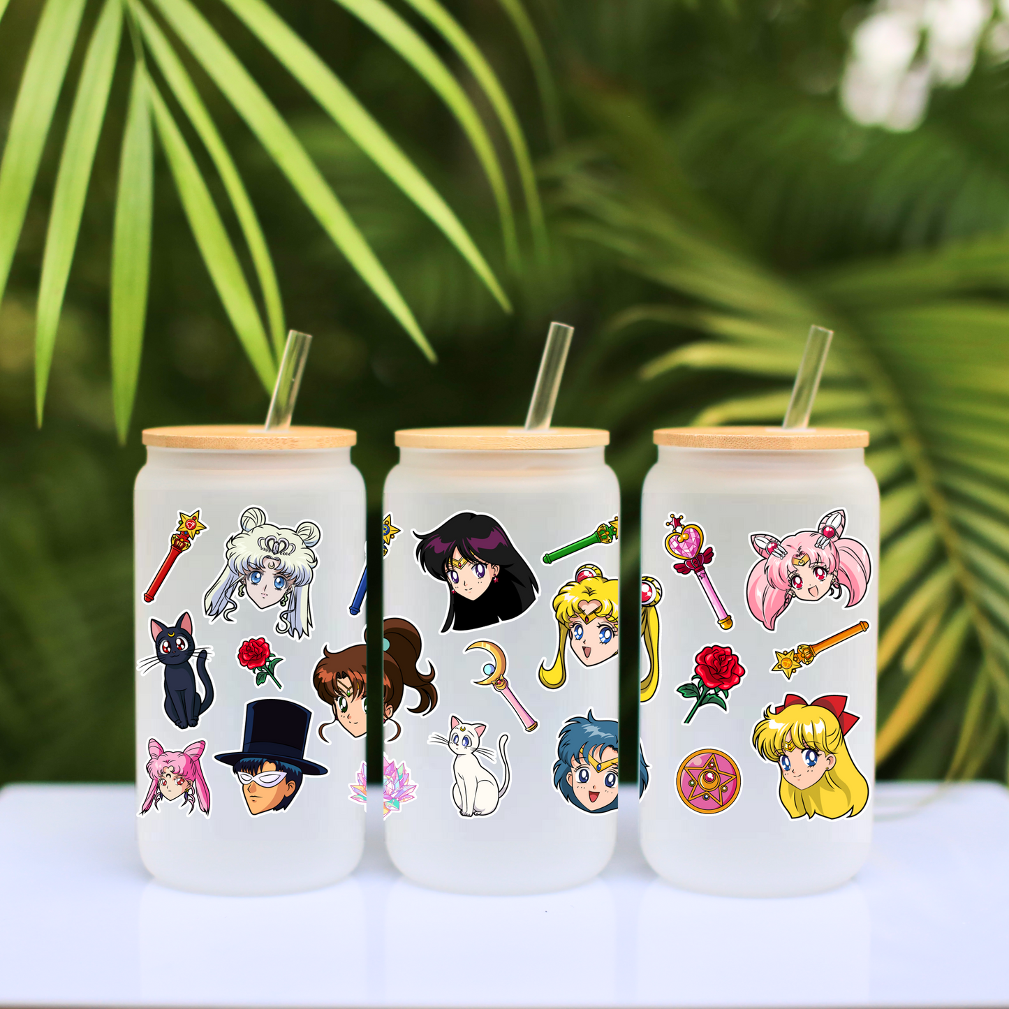 Sailor Moon Anime 16oz Beer Can Glass with Straw and Lid