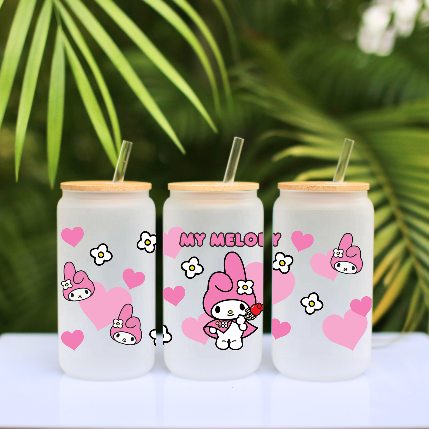 My Melody with Hearts Anime 16oz Beer Can Glass with Straw and Lid