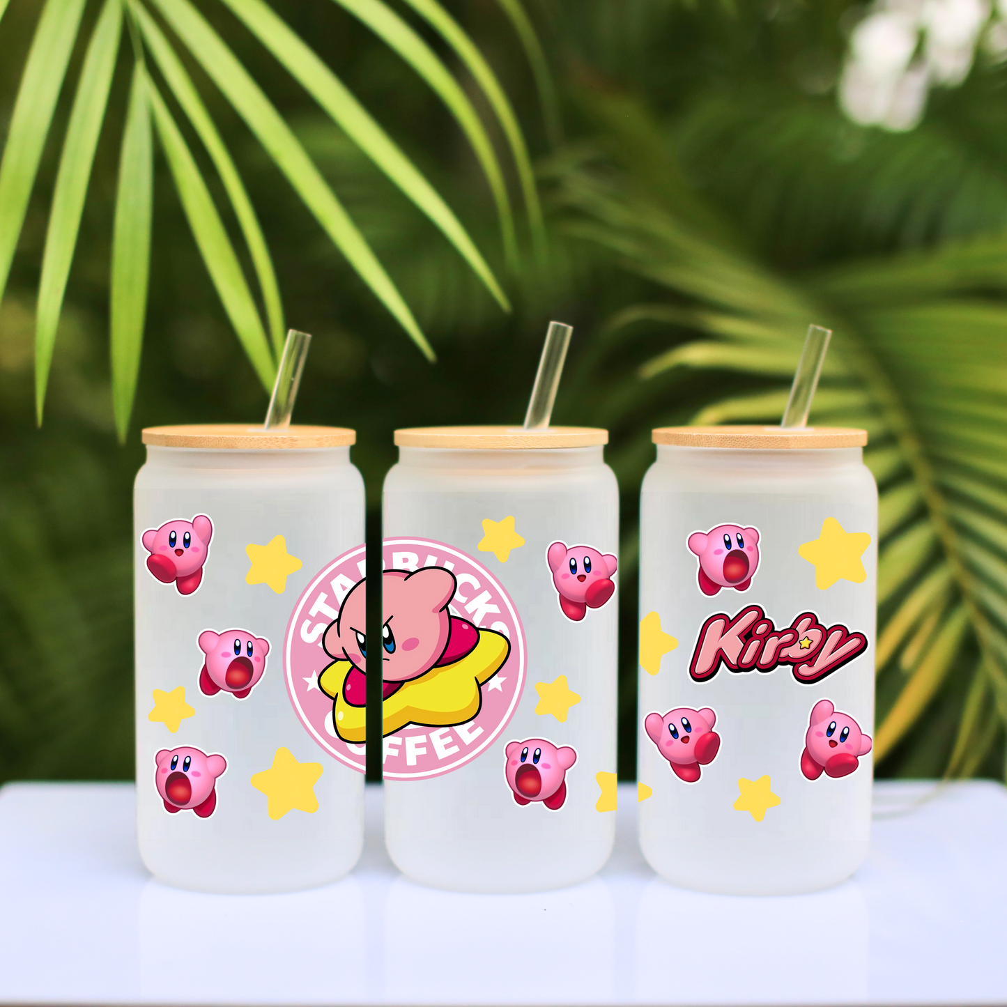 Kirby Anime 16oz Beer Can Glass with Straw and Lid