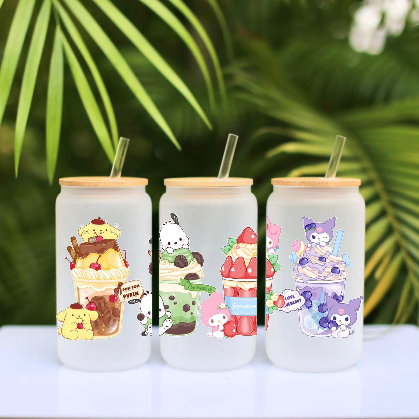 Sanrio Ice cream cup Anime 16oz Beer Can Glass with Straw and Lid