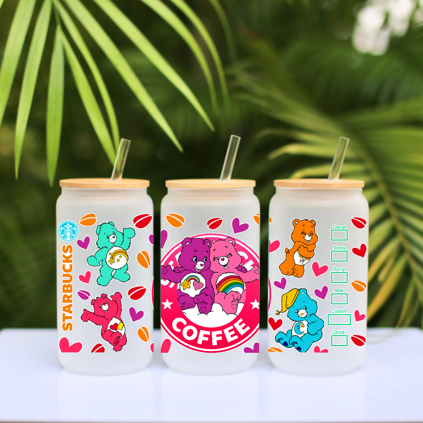 Care Bear Starbucks Coffee Anime 16oz Beer Can Glass with Straw and Lid