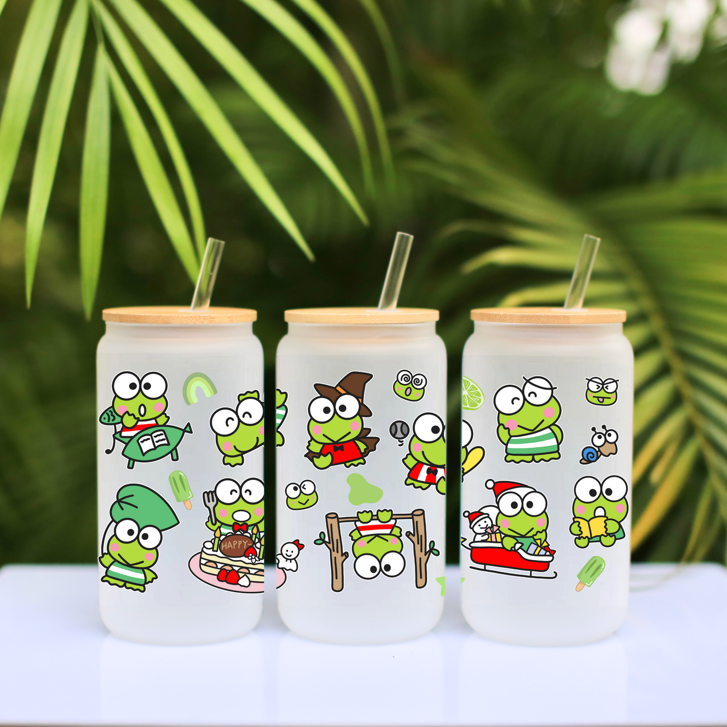 Keroppi Anime 16oz Beer Can Glass with Straw and Lid