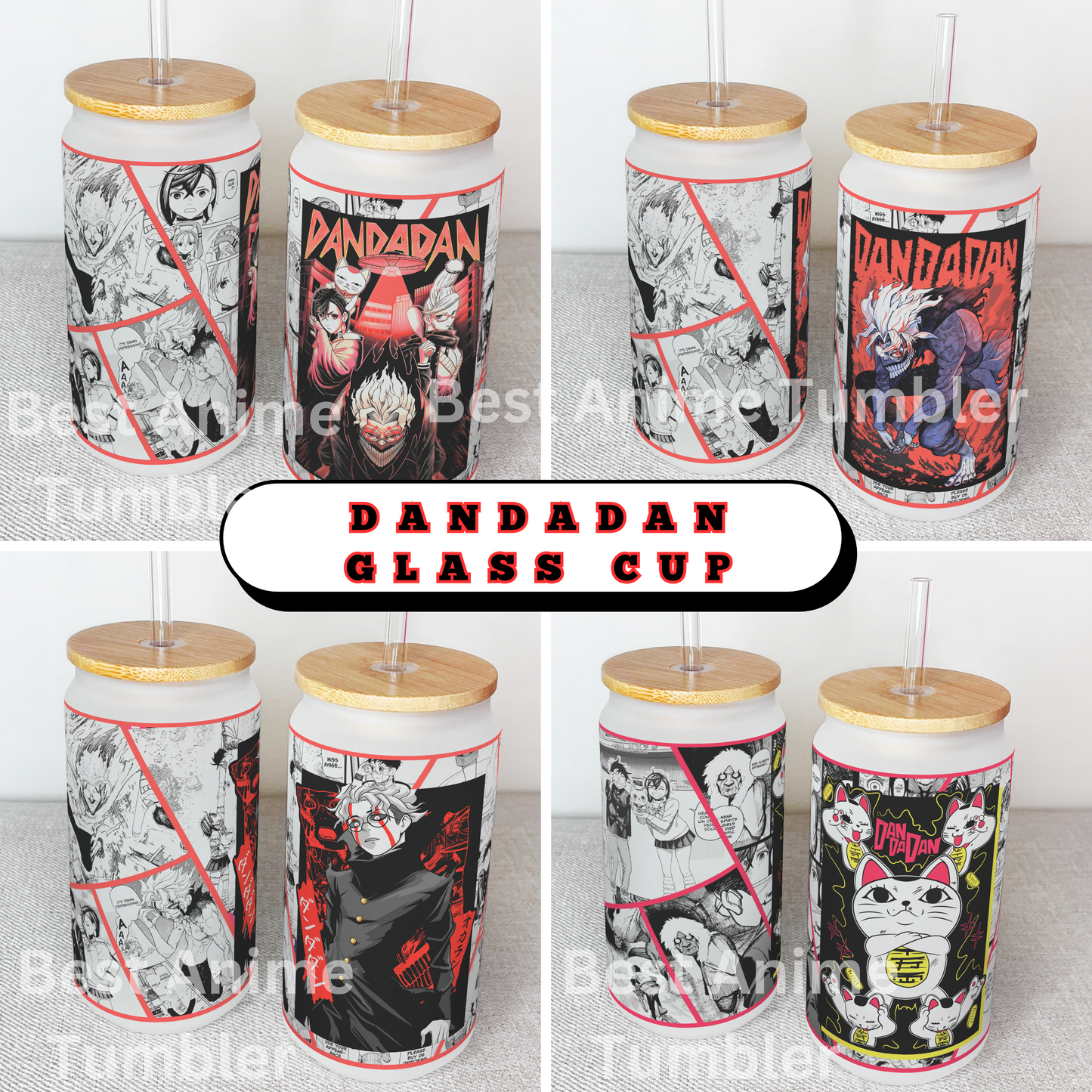 Dan Da Dan Anime Matte/ Frosted Glass cup 16oz Beer Can Glass with Straw and Lid