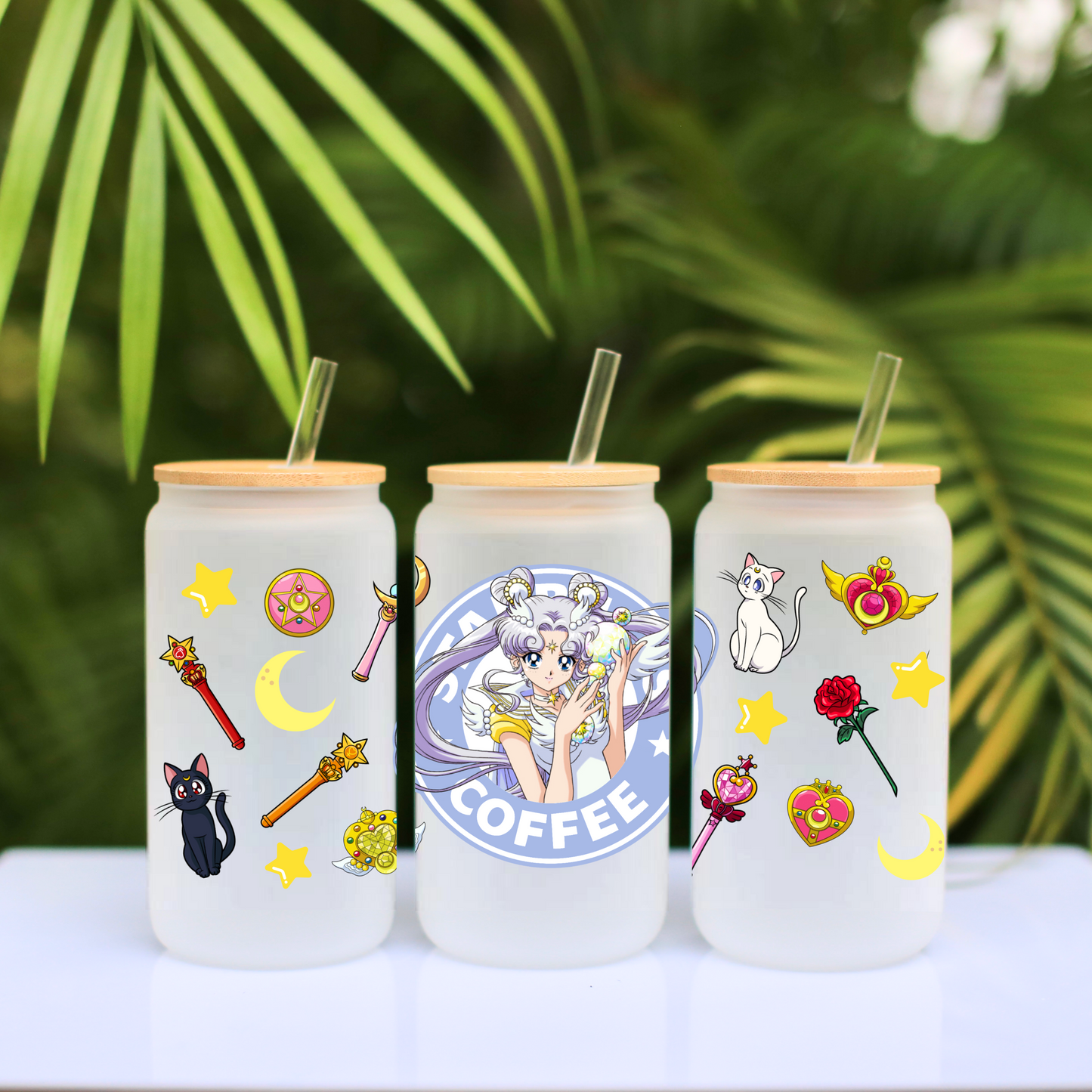 Sailor Moon purple Anime 16oz Beer Can Glass with Straw and Lid