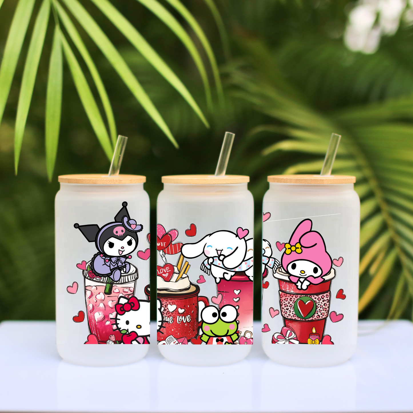 Sanrio Love coffee cup Anime 16oz Beer Can Glass with Straw and Lid