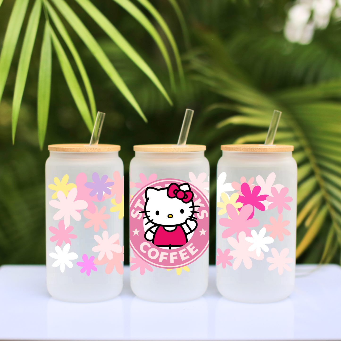 Hello Kitty and Flowers Anime 16oz Beer Can Glass with Straw and Lid