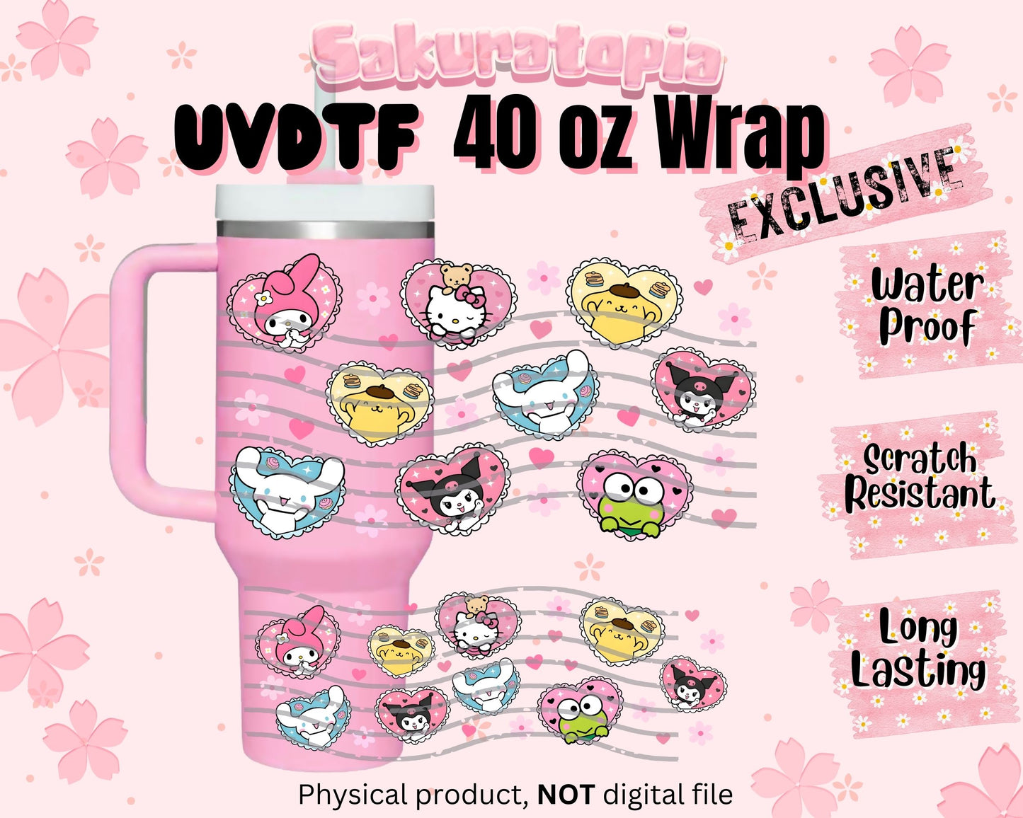 UVDTF 40oz Tumbler Sanrio Anime Wrap, Ready to Use Tumbler UVDTF transfers for tumbler | Ready to Apply UVDTF wraps for 40oz tumbler