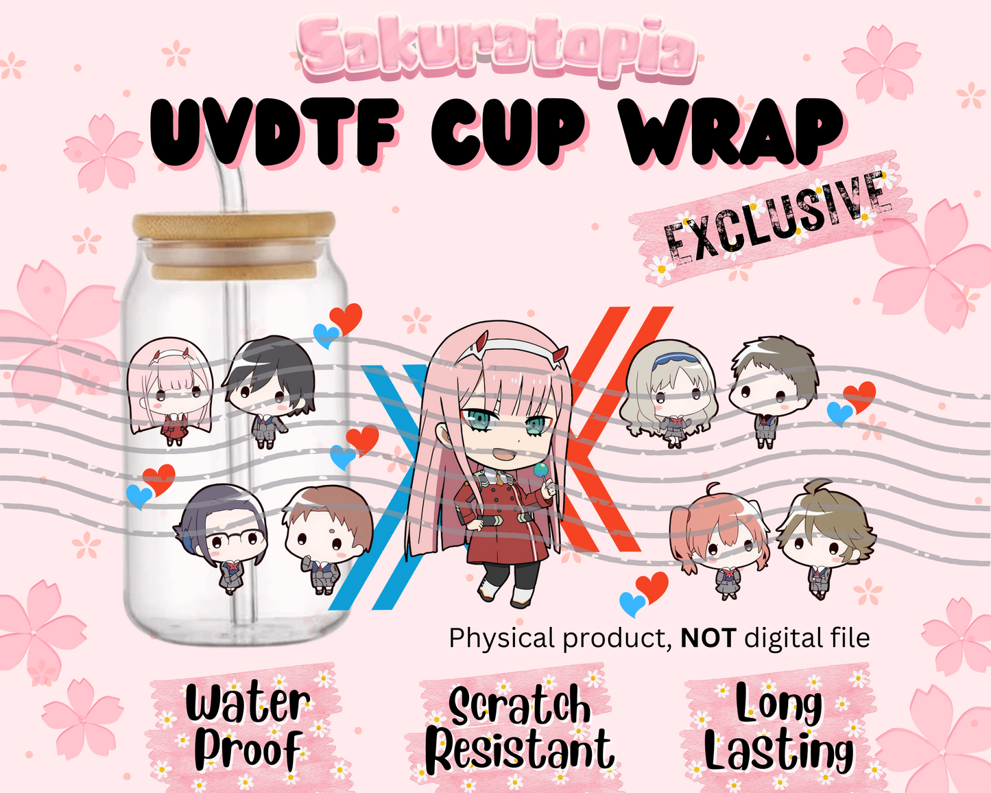 UVDTF Darling in the Franxx Anime Cup Wrap, Ready to Use Glass Cup UVDTF transfers for Glass Can | Ready to Apply UVDTF wraps for Libbey Glass