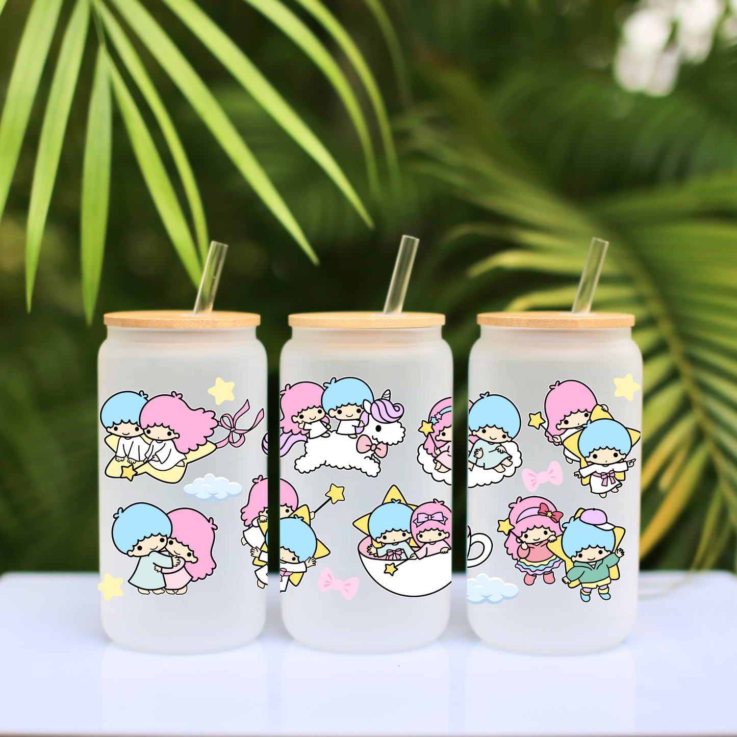 Little twin star Anime 16oz Beer Can Glass with Straw and Lid
