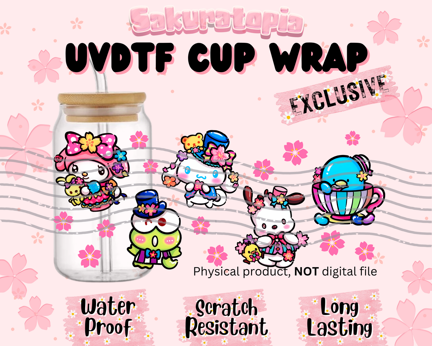 UVDTF Sanrio Anime Cup Wrap, Ready to Use Glass Cup UVDTF transfers for Glass Can | Ready to Apply UVDTF wraps for Libbey Glass