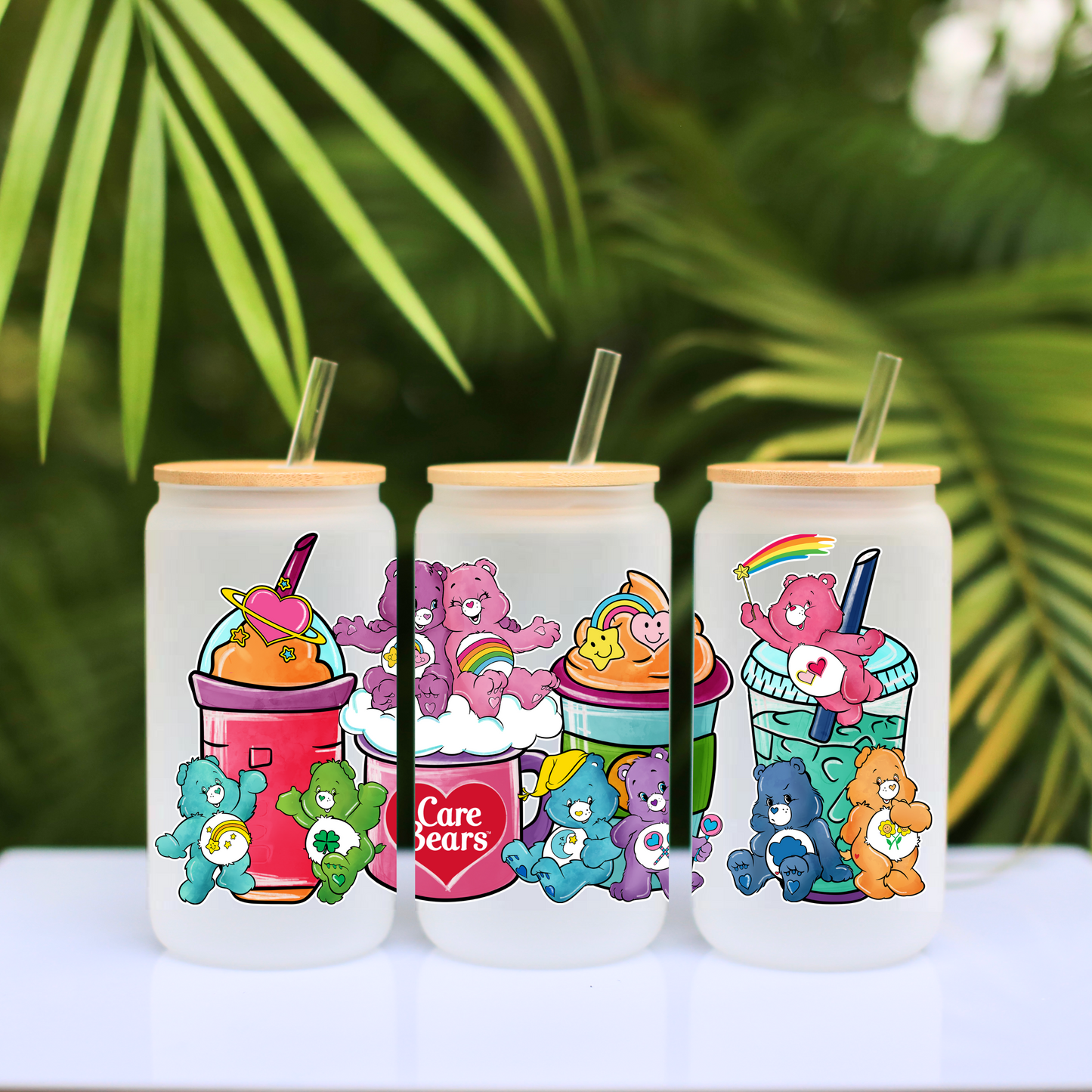 Care Bear Rainbow Coffee cup Anime 16oz Beer Can Glass with Straw and Lid