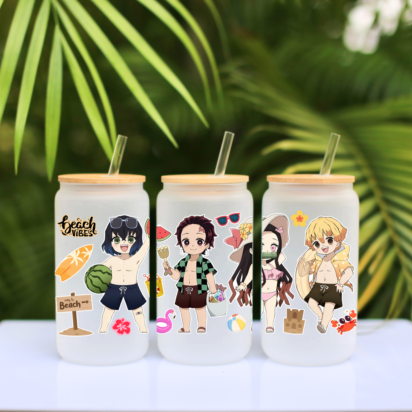 Demon Slayer- Summer Time Anime 16oz Beer Can Glass with Straw and Lid