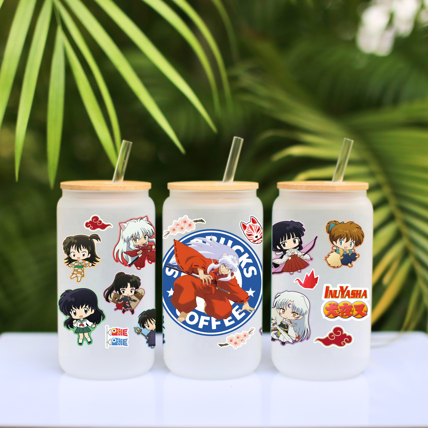 Inuyasha Starbucks Coffee Anime 16oz Beer Can Glass with Straw and Lid