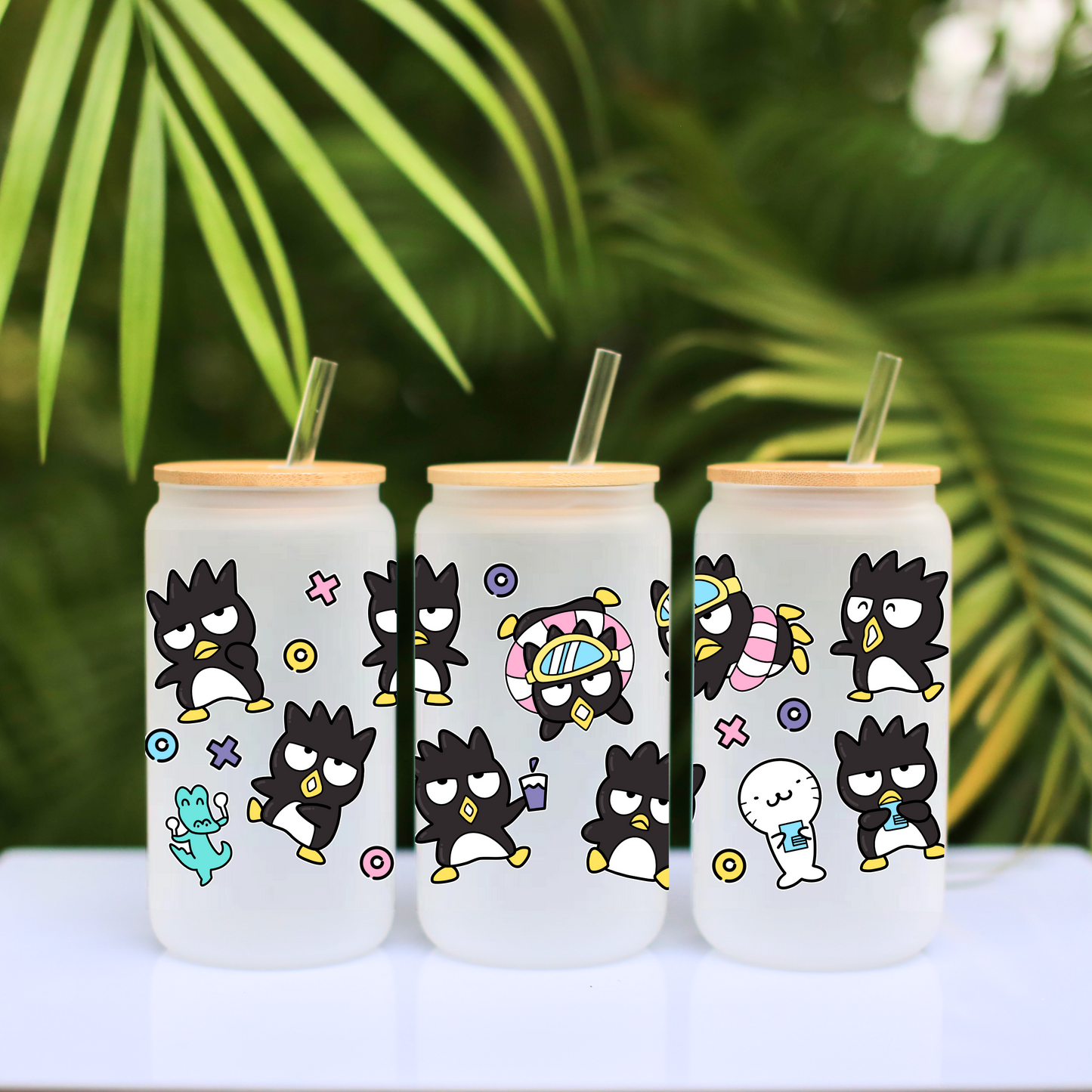Badtz-Maru Anime 16oz Beer Can Glass with Straw and Lid