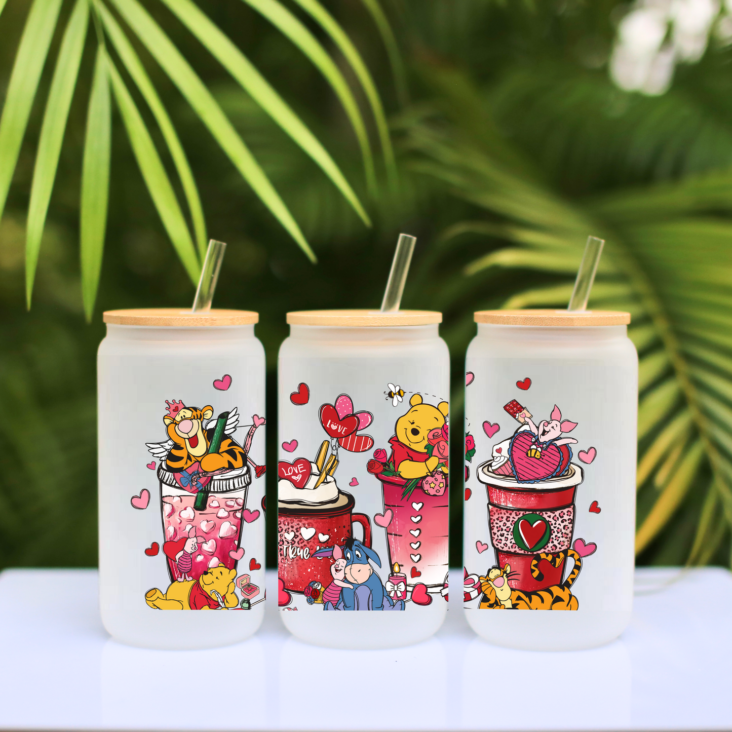 Disney Winnie The Pooh love cup Anime 16oz Beer Can Glass with Straw and Lid