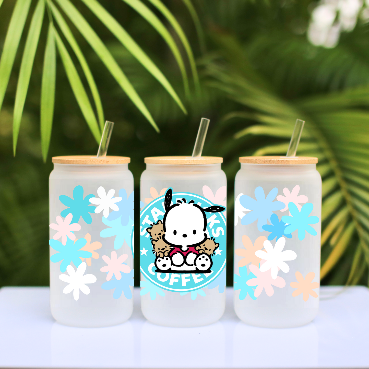 Pochacco with flowers Anime 16oz Beer Can Glass with Straw and Lid