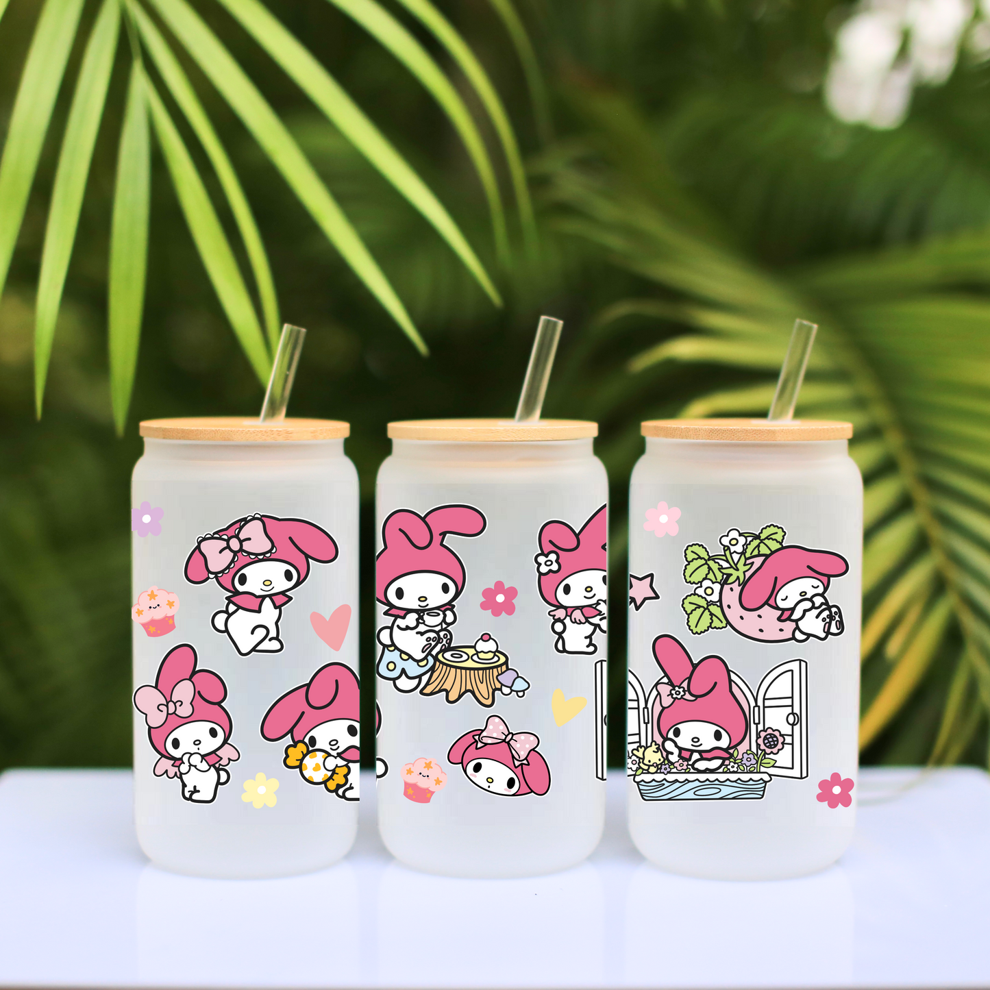 My Melody Anime 16oz Beer Can Glass with Straw and Lid