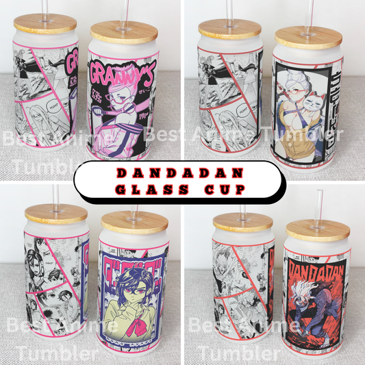 Dan Da Dan Anime Matte/ Frosted Glass cup 16oz Beer Can Glass with Straw and Lid