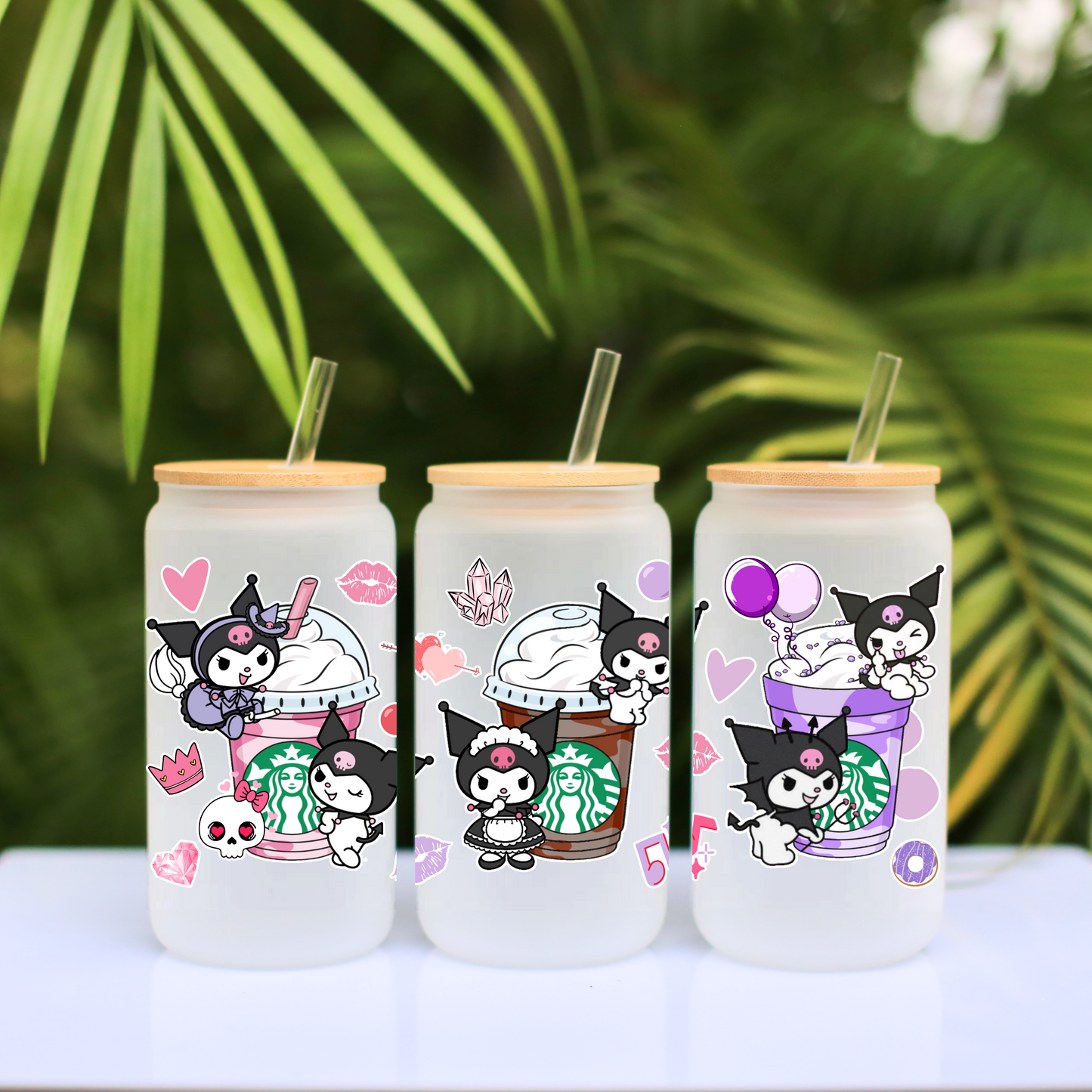 Kuromi with Starbucks Coffee cup  Anime 16oz Beer Can Glass with Straw and Lid