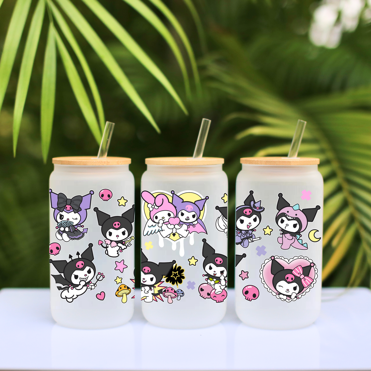 Kuromi & Melody love hearts Anime 16oz Beer Can Glass with Straw and Lid