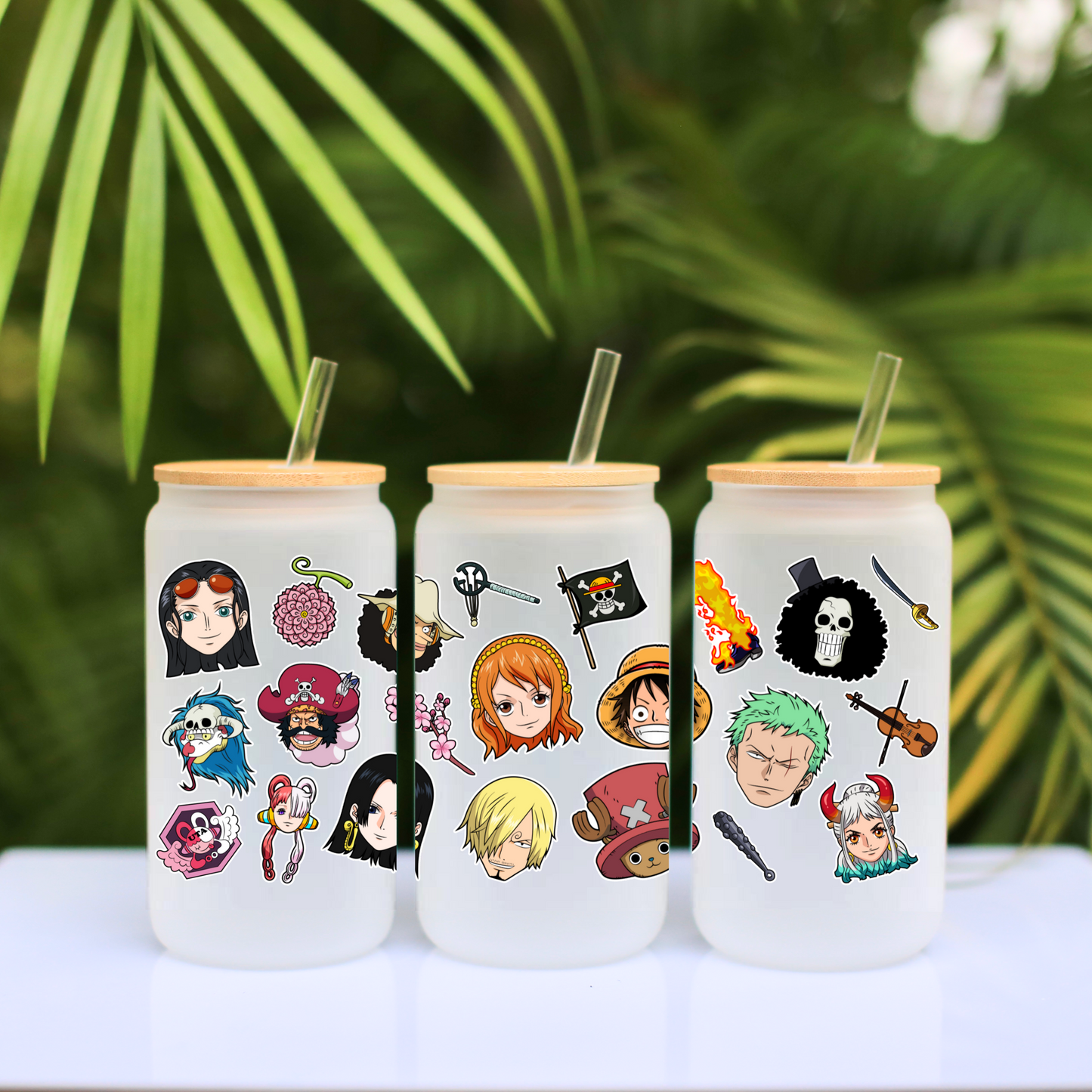 One Piece Anime 16oz Beer Can Glass with Straw and Lid