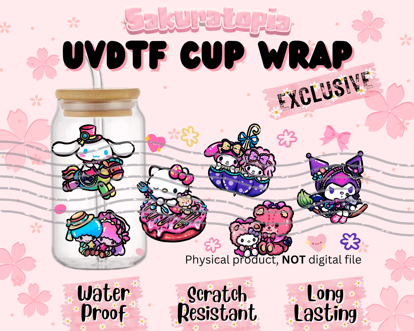 UVDTF Sanrio Anime Cup Wrap, Ready to Use Glass Cup UVDTF transfers for Glass Can | Ready to Apply UVDTF wraps for Libbey Glass