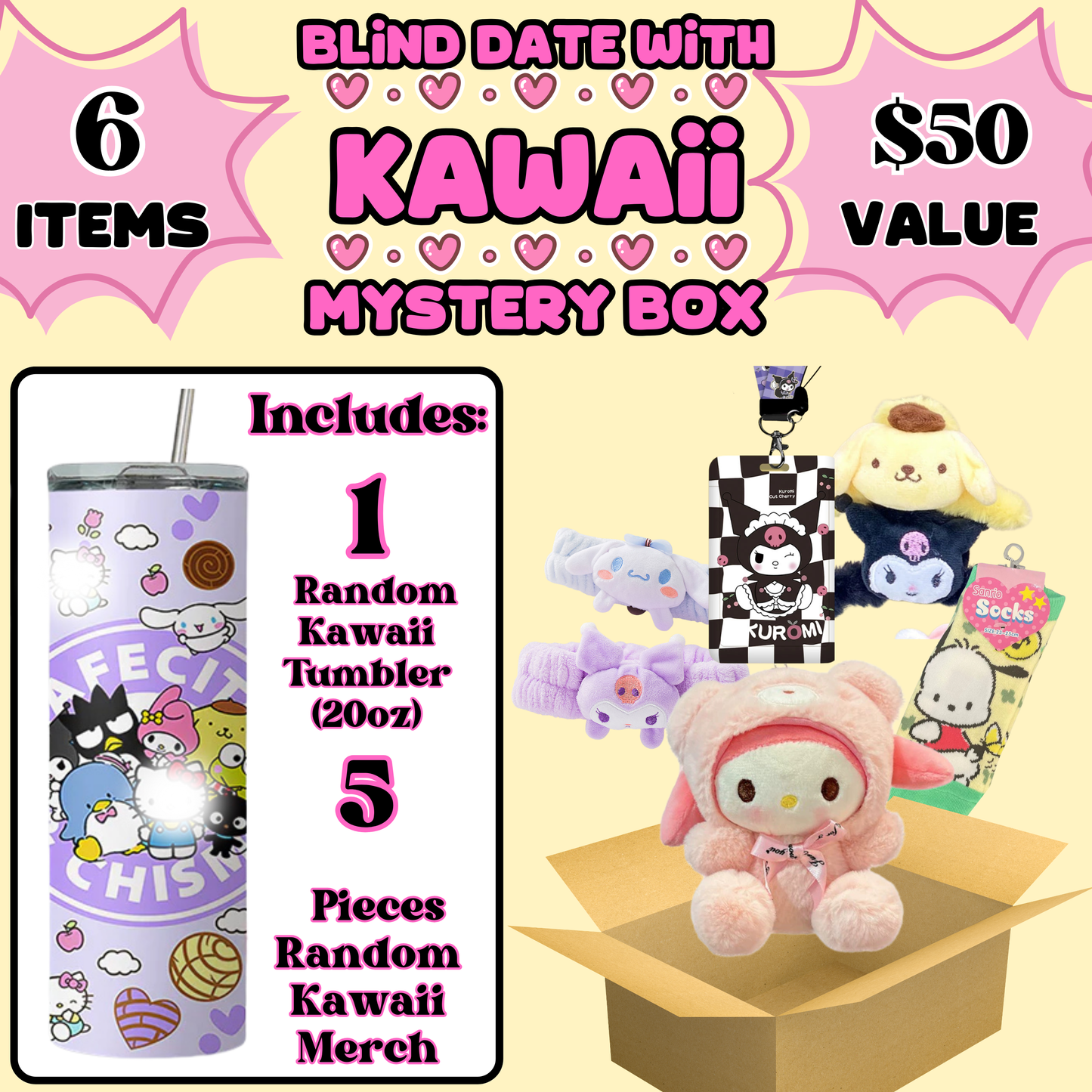 Blind Date with Sanrio Mystery Box – 20oz Tumbler + 5 Surprise Sanrio Merch Items