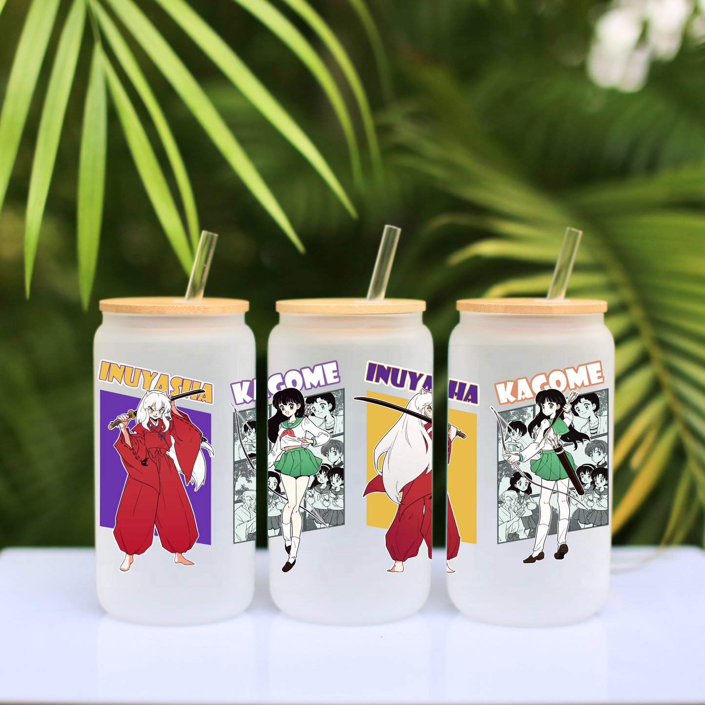 Inuyasha Anime 16oz Beer Can Glass with Straw and Lid