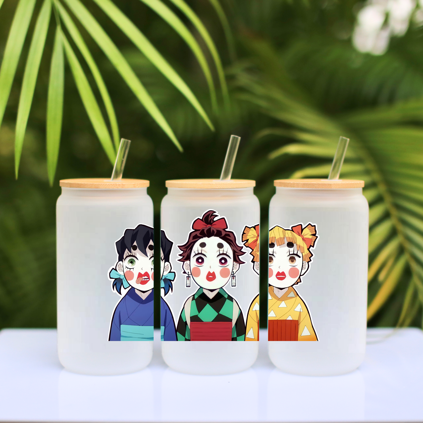 Demon Slayer Tanjiro, Zenitsu & InosukeAnime 16oz Beer Can Glass with Straw and Lid